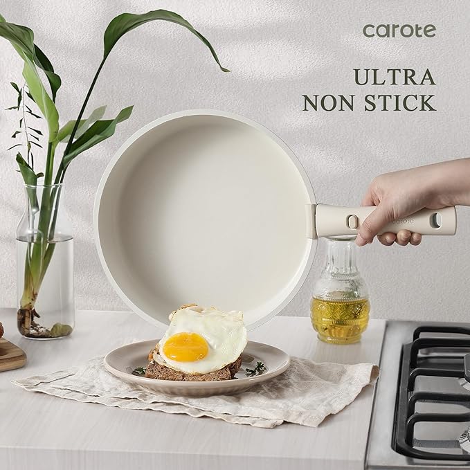 CAROTE 14pcs Pots and Pans Set Non Stick, Cookware Sets, Kitchen Set, Oven/Dishwasher/Fridge Safe, Space Saving Pots Set, Nonstick Set with Versatile Detachable Handle, Induction RV Set, Cream image 2