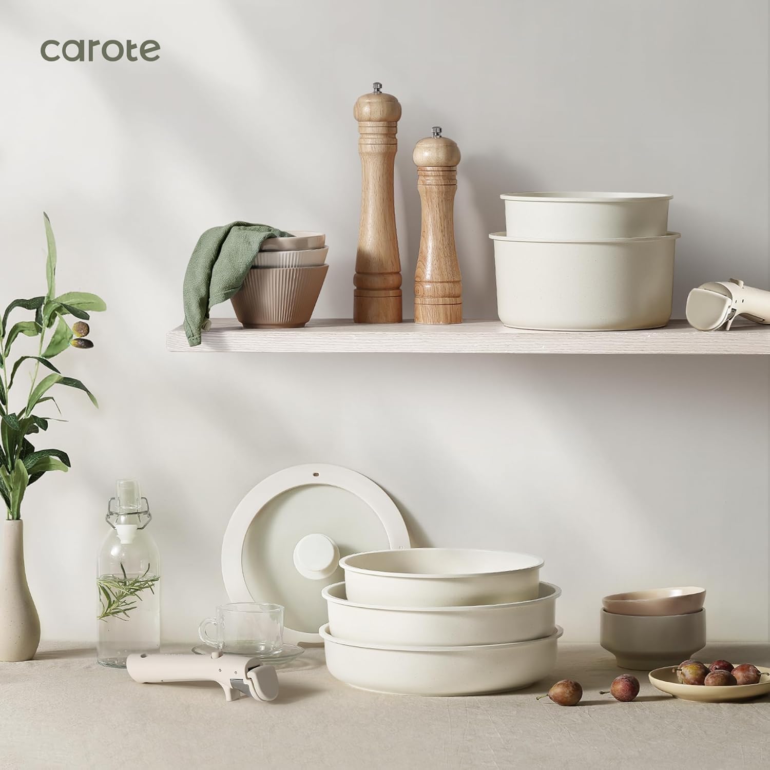 CAROTE 14pcs Pots and Pans Set Non Stick, Cookware Sets, Kitchen Set, Oven/Dishwasher/Fridge Safe, Space Saving Pots Set, Nonstick Set with Versatile Detachable Handle, Induction RV Set, Cream image 7