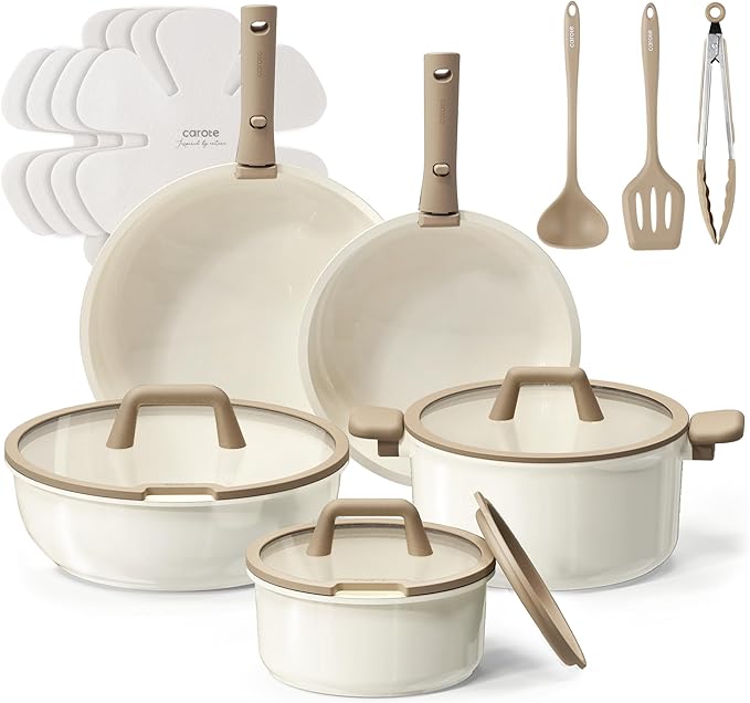 CAROTE 18pcs Ceramic Cookware Set, Pots and Pans Set, Induction Nonstick Kitchen Cookware Sets, Non Stick RV Set with Detachable Handle, Dishwasher/Oven Safe, Brown image 1