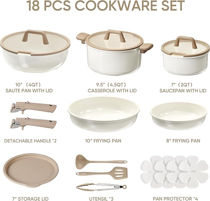 CAROTE 18pcs Ceramic Cookware Set, Pots and Pans Set, Induction Nonstick Kitchen Cookware Sets, Non Stick RV Set with Detachable Handle, Dishwasher/Oven Safe, Brown image 2