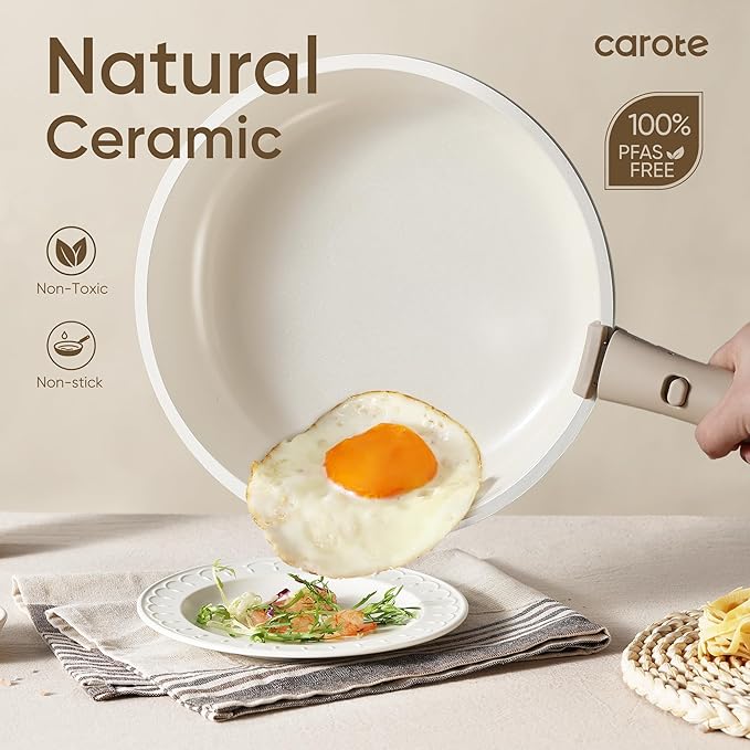 CAROTE 18pcs Ceramic Cookware Set, Pots and Pans Set, Induction Nonstick Kitchen Cookware Sets, Non Stick RV Set with Detachable Handle, Dishwasher/Oven Safe, Brown image 3