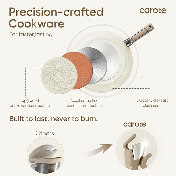 CAROTE 18pcs Ceramic Cookware Set, Pots and Pans Set, Induction Nonstick Kitchen Cookware Sets, Non Stick RV Set with Detachable Handle, Dishwasher/Oven Safe, Brown image 5