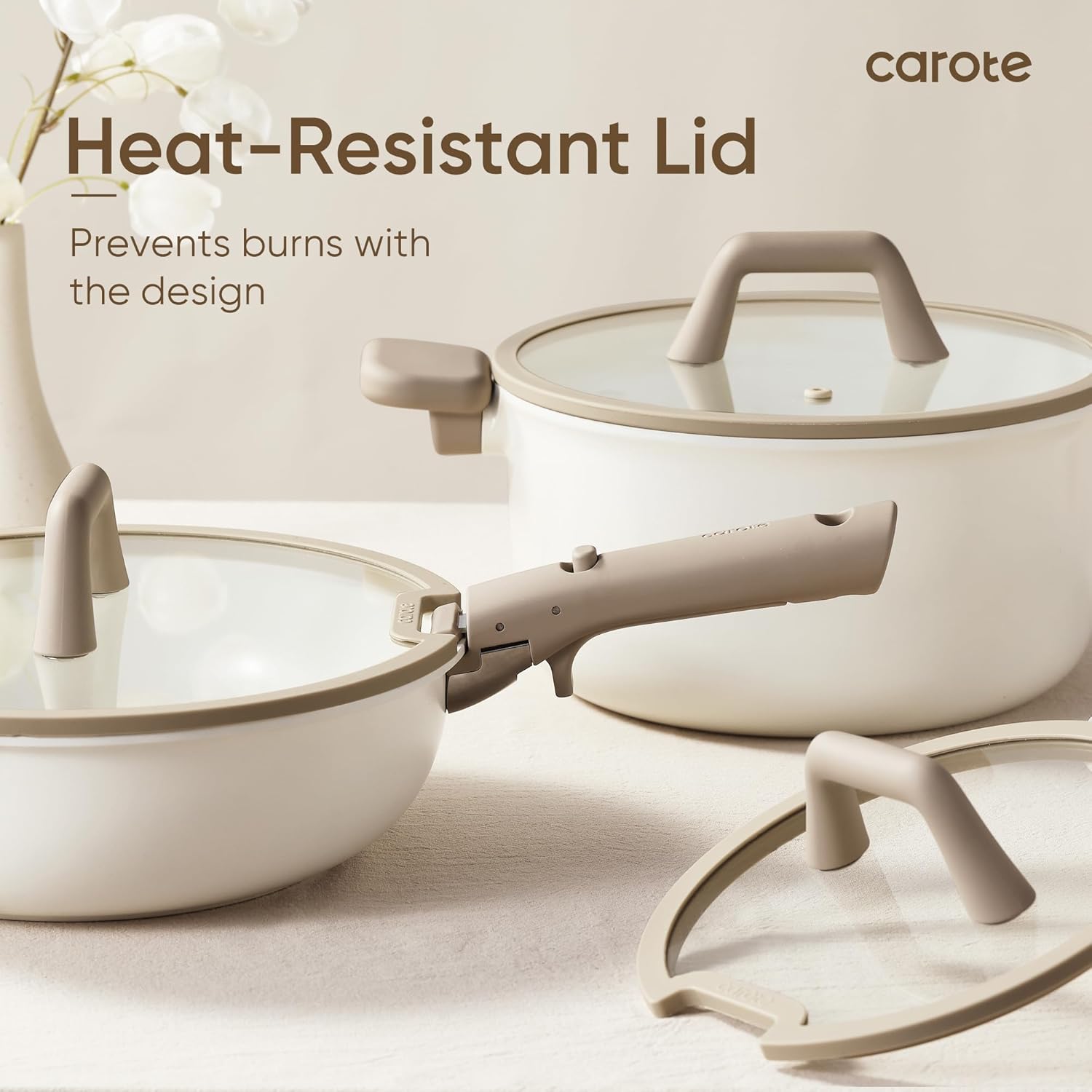CAROTE 18pcs Ceramic Cookware Set, Pots and Pans Set, Induction Nonstick Kitchen Cookware Sets, Non Stick RV Set with Detachable Handle, Dishwasher/Oven Safe, Brown image 8