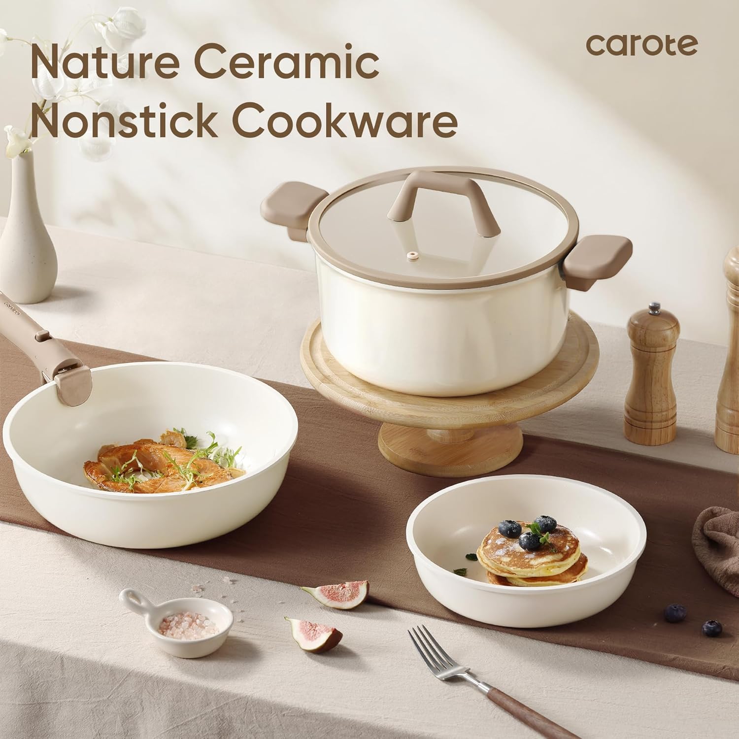 CAROTE 18pcs Ceramic Cookware Set, Pots and Pans Set, Induction Nonstick Kitchen Cookware Sets, Non Stick RV Set with Detachable Handle, Dishwasher/Oven Safe, Brown image 9