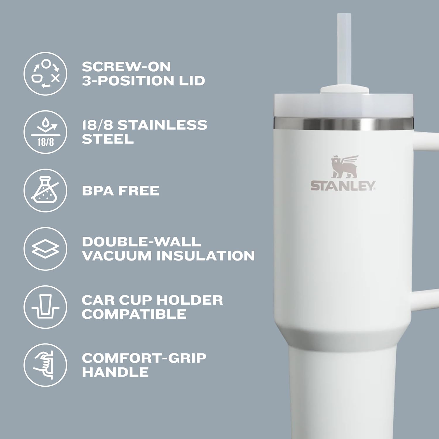 STANLEY Quencher H2.0 Tumbler with Handle and Straw 40 oz | Flowstate 3-Position Lid | Cup Holder Compatible for Travel | Insulated Stainless Steel Cup | BPA-Free | Almond Rose image 4