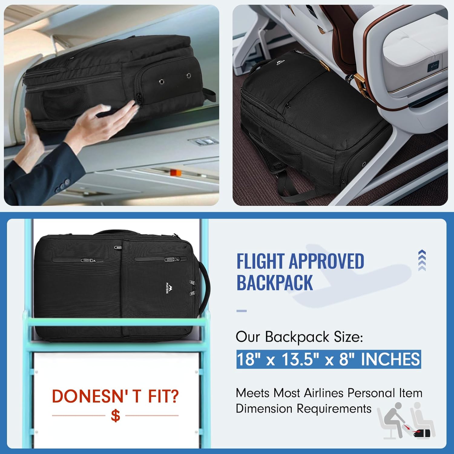 MATEIN Carry on Backpack, Flight Approved Travel Backpack with USB Port, TSA Personal Item Travel Bag fits 17" Laptop, Large Water Resistant Luggage Overnight Weekender Bag for Men & Women, Black image 2