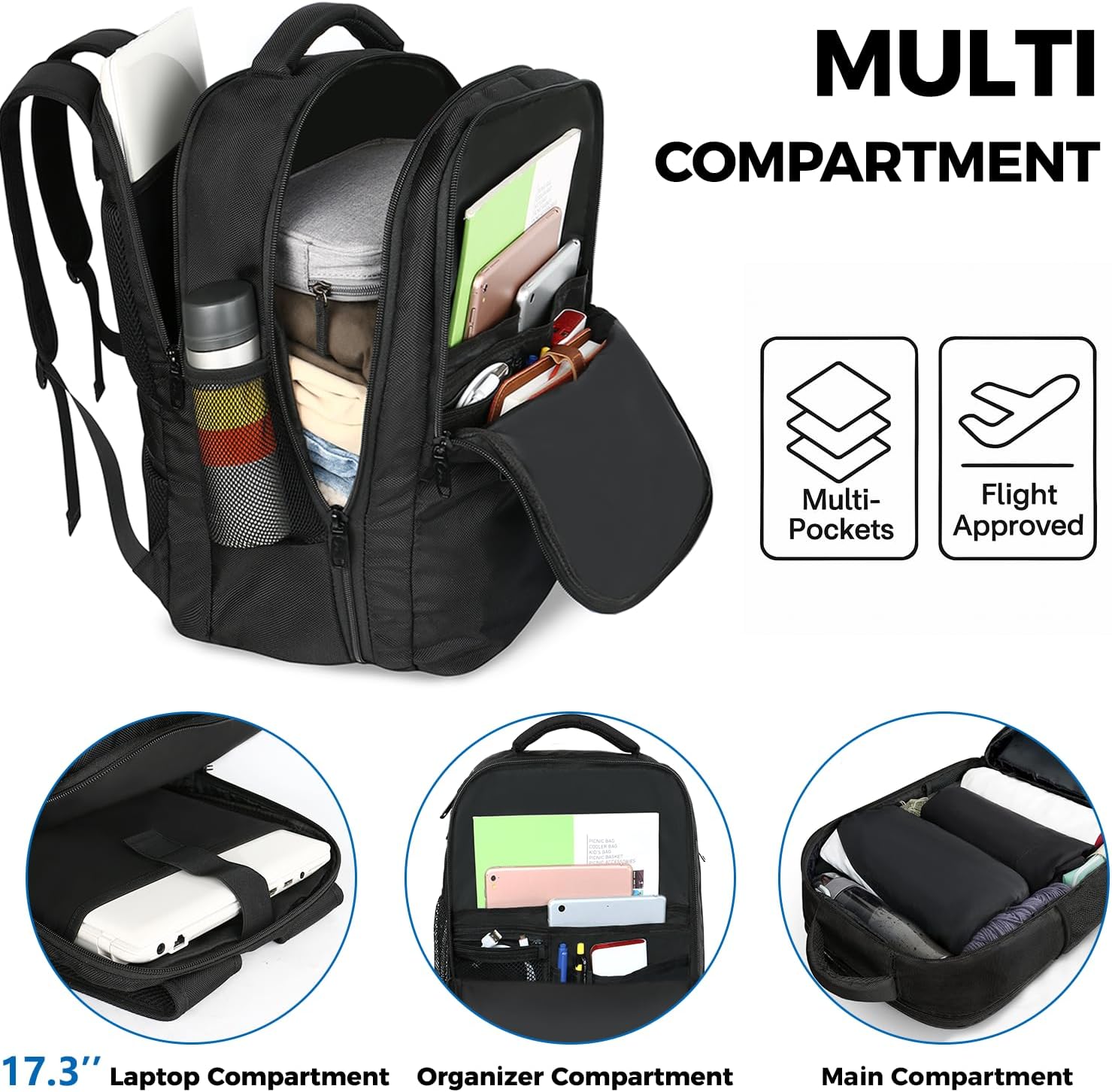 MATEIN Carry on Backpack, Flight Approved Travel Backpack with USB Port, TSA Personal Item Travel Bag fits 17" Laptop, Large Water Resistant Luggage Overnight Weekender Bag for Men & Women, Black image 3