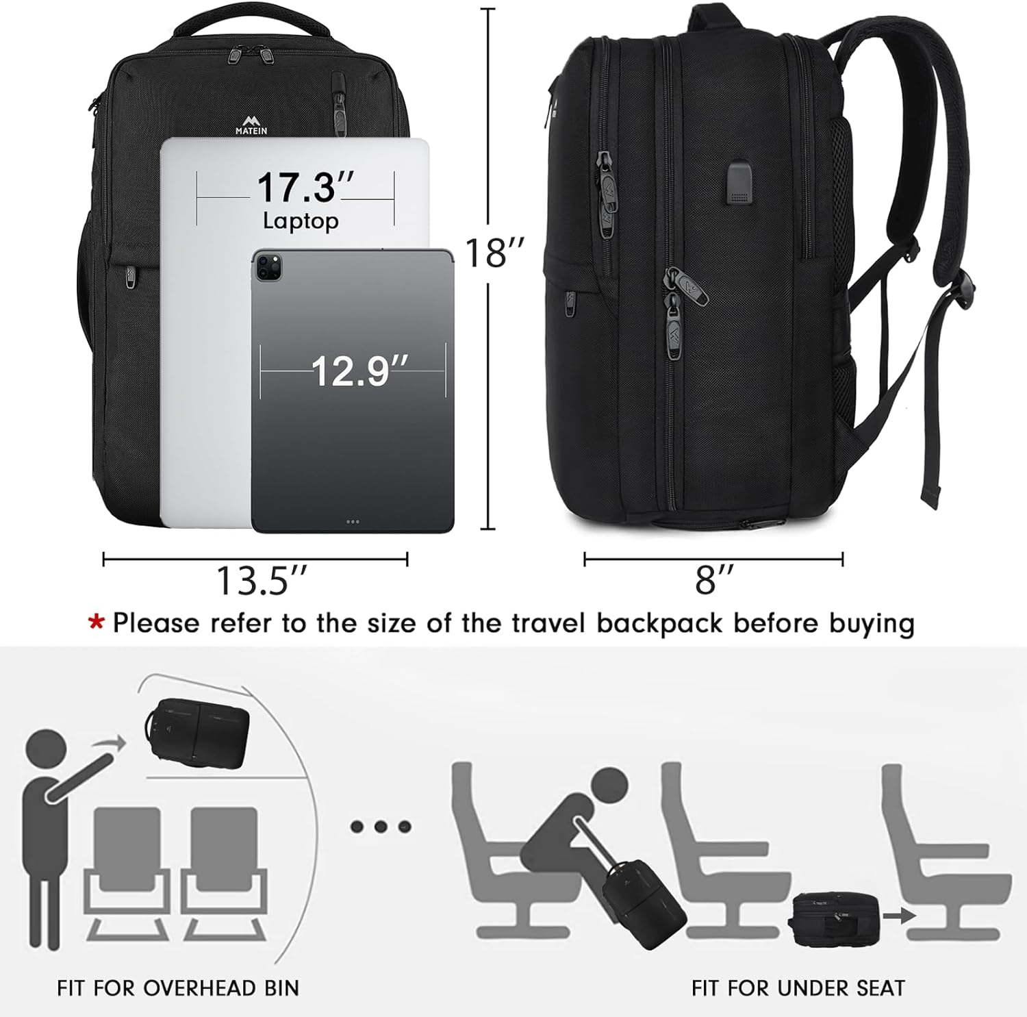 MATEIN Carry on Backpack, Flight Approved Travel Backpack with USB Port, TSA Personal Item Travel Bag fits 17" Laptop, Large Water Resistant Luggage Overnight Weekender Bag for Men & Women, Black image 7