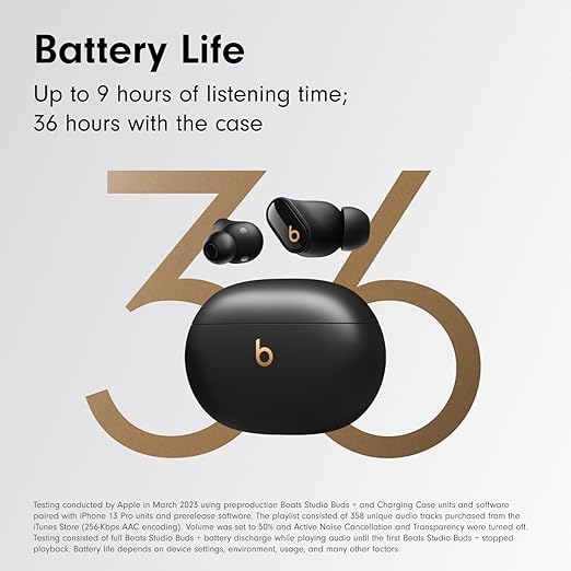 Beats Studio Buds + | True Wireless Noise Cancelling Earbuds, Enhanced Apple & Android Compatibility, Built-in Microphone, Sweat Resistant Bluetooth Headphones, Spatial Audio - Black/Gold image 3