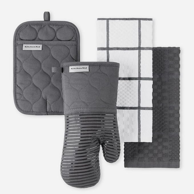 KITCHENAID Quilted Cotton Terry Cloth Oven Mitt, Pot Holder, Kitchen Towel 4-Pack Set, Heat Resistant, Silicone Grip, Gift Set, Charcoal Grey, 16"x26", 7"x13" & 7"x10" image 1