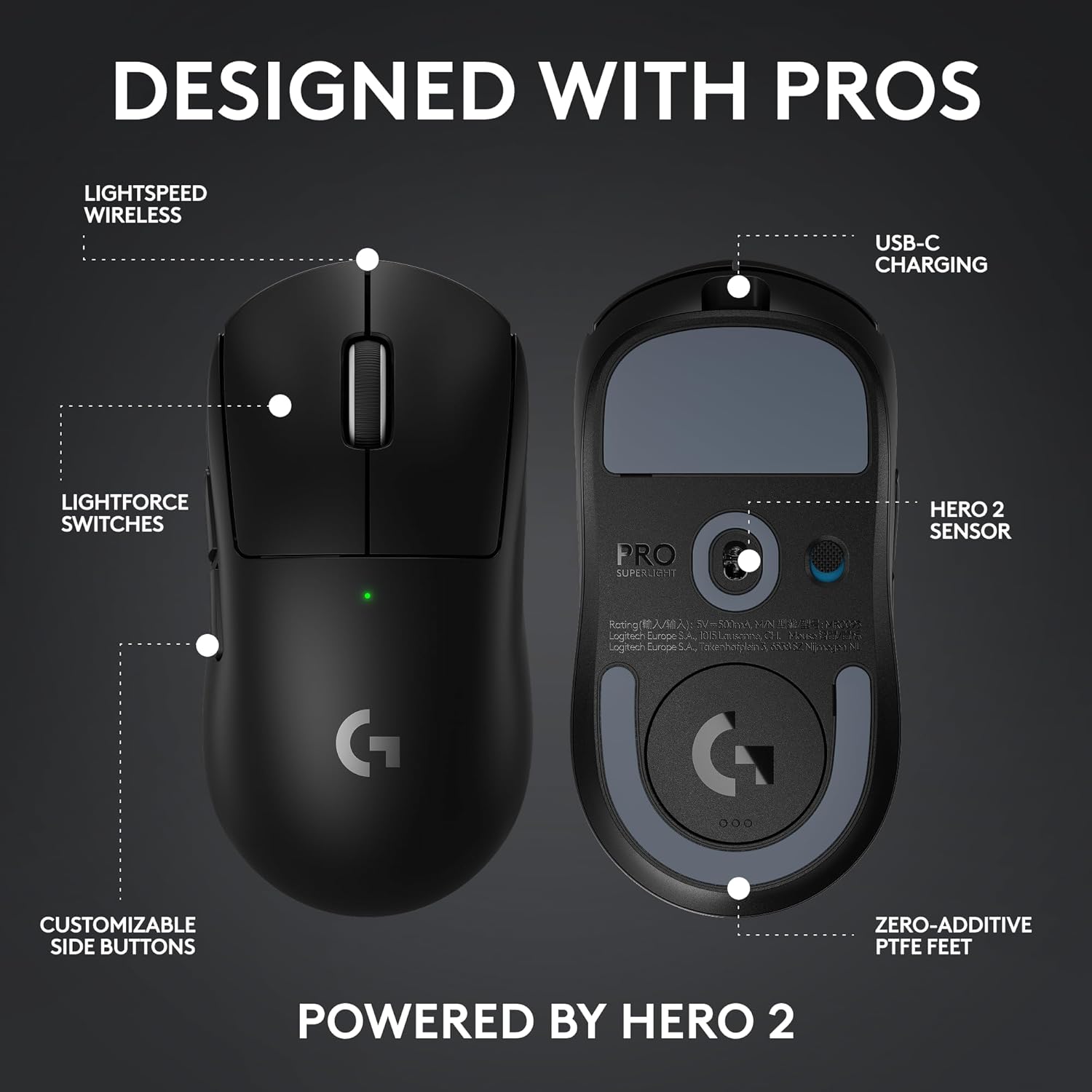 Logitech G PRO X SUPERLIGHT 2 Wireless Gaming Mouse, 60g Pro-Grade with 5 Programmable Buttons, 44k DPI Sensor, 8kHz Report Rate, USB-C Charging for PC/Mac - Black image 10