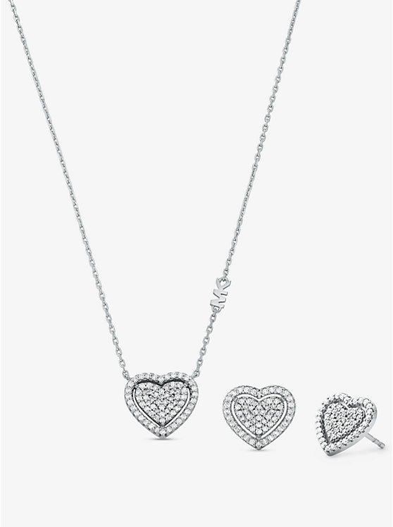 Precious Metal-Plated Sterling Silver Pavé Heart Necklace and Earrings Gift Set image 1