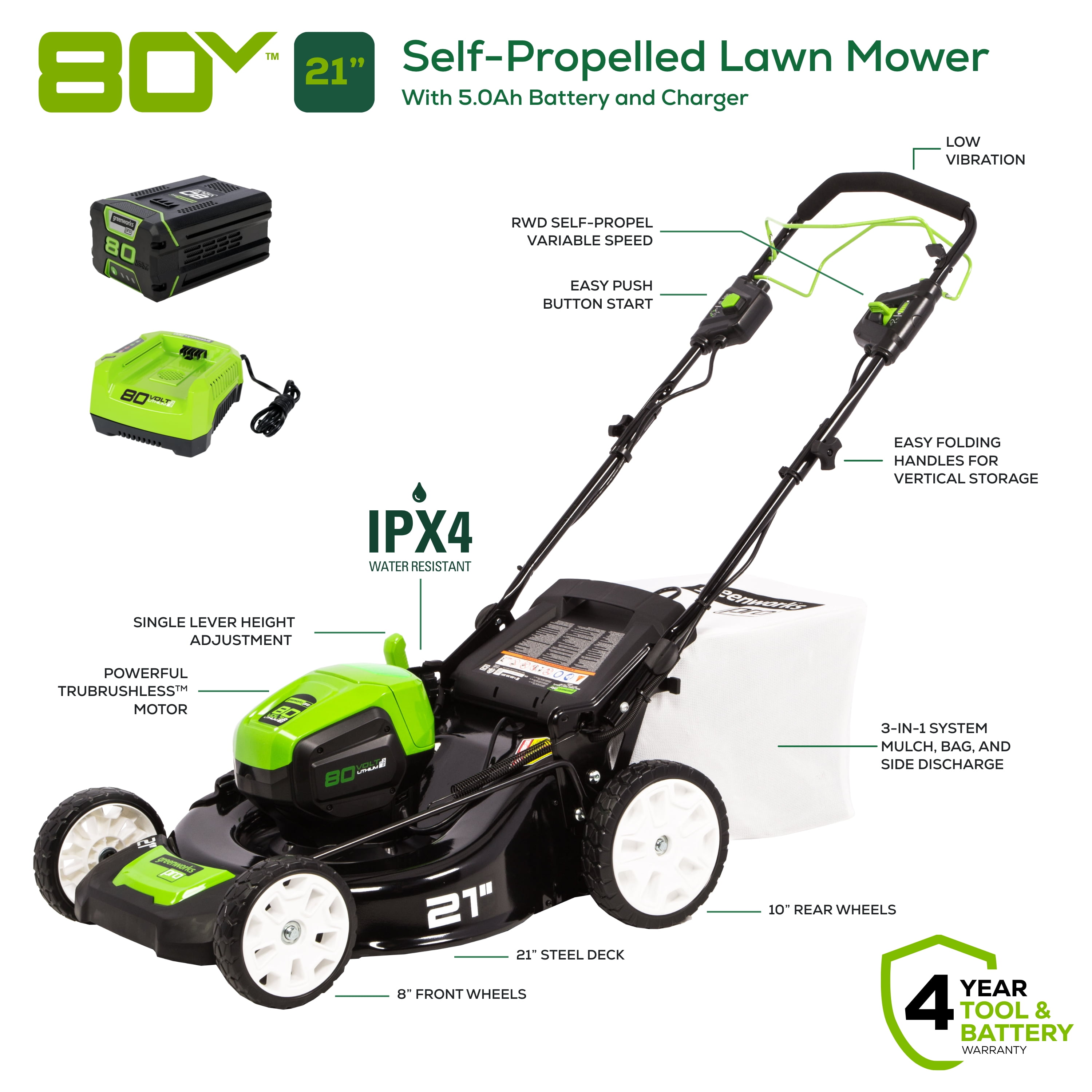 Greenworks 80V 21" Self Propelled Mower, 5Ah Battery and Charger 2502402NV​ image 2