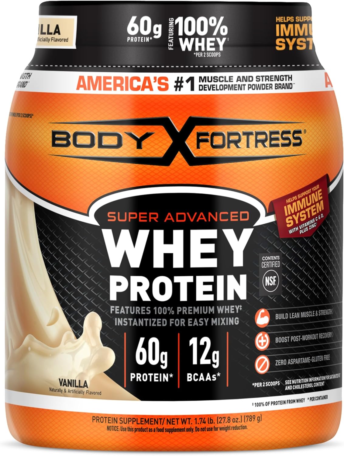 Body Fortress Super Advanced Whey Protein Powder, Vanilla, Immune Support (1), Vitamins C & D Plus Zinc, 1.74 lbs image 1