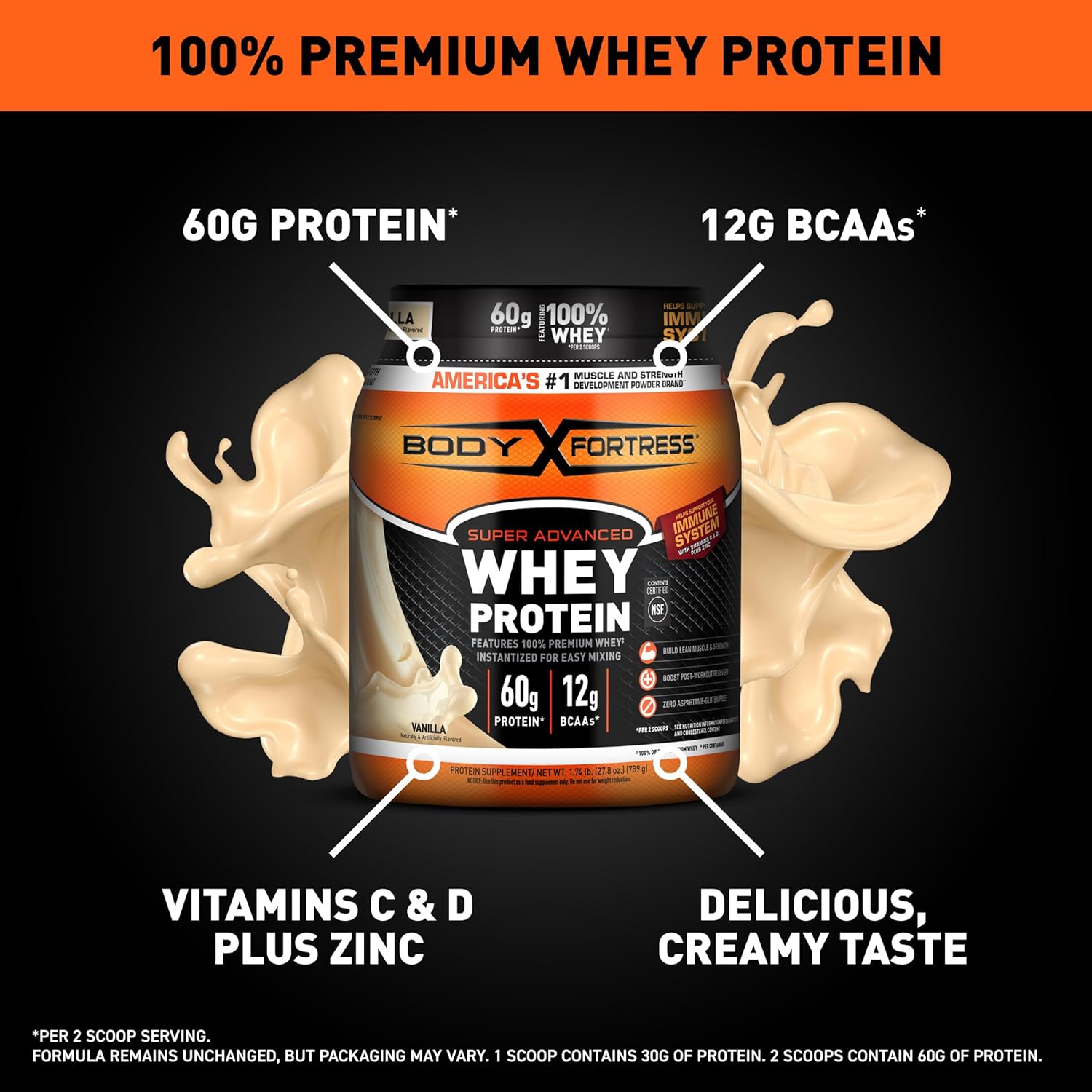 Body Fortress Super Advanced Whey Protein Powder, Vanilla, Immune Support (1), Vitamins C & D Plus Zinc, 1.74 lbs image 2