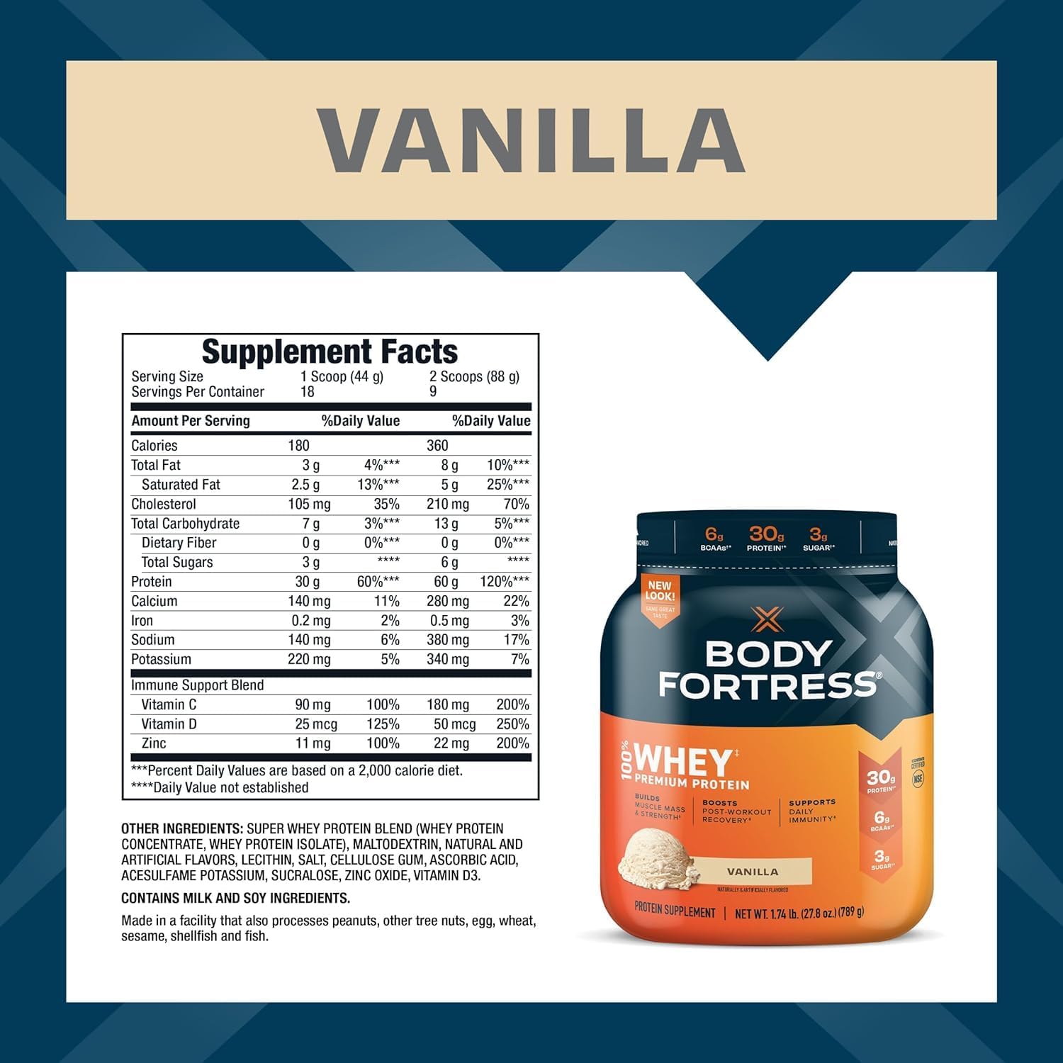 Body Fortress Super Advanced Whey Protein Powder, Vanilla, Immune Support (1), Vitamins C & D Plus Zinc, 1.74 lbs image 9