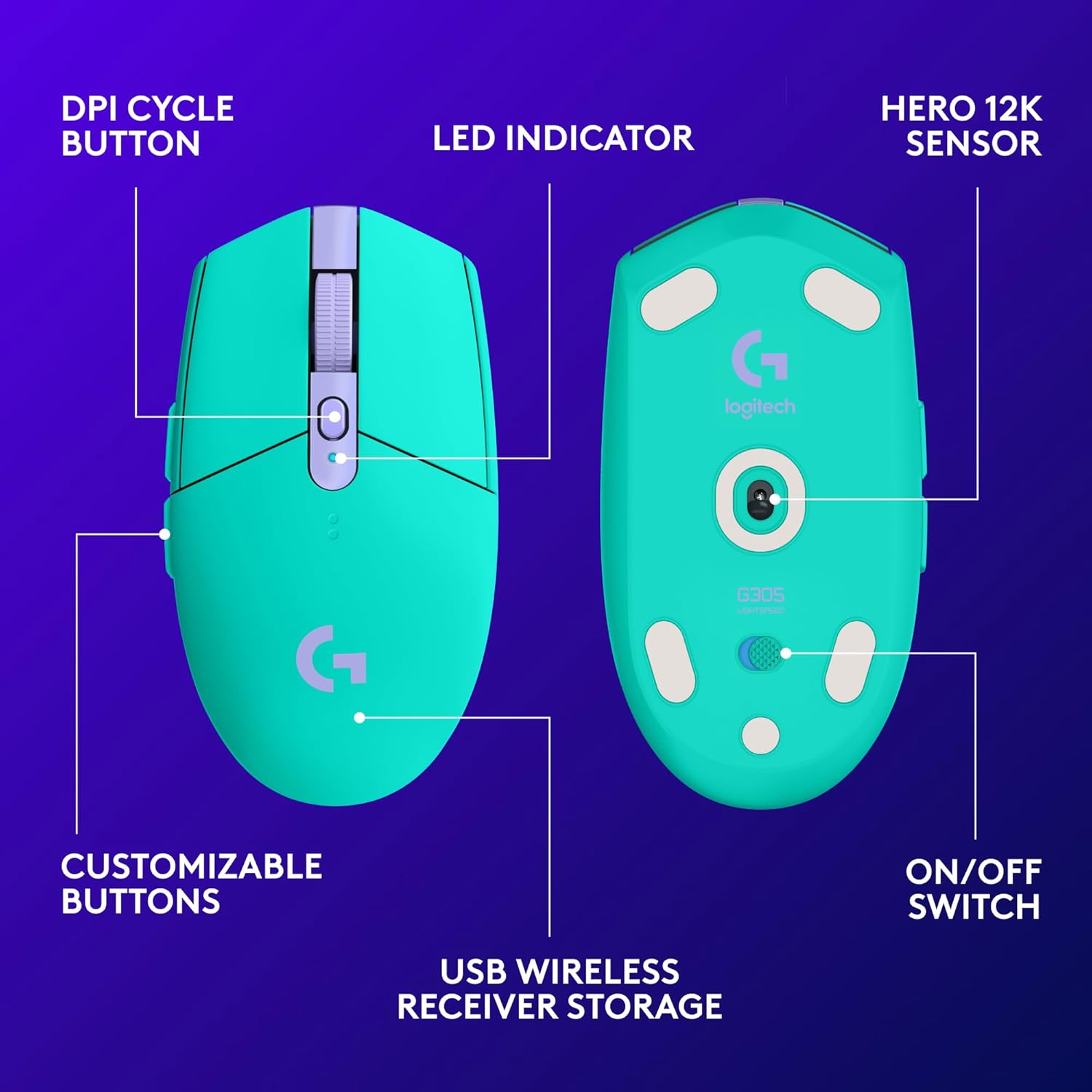 Logitech G305 LIGHTSPEED Wireless Gaming Mouse, Hero 12K Sensor, 12,000 DPI, Lightweight, 6 Programmable Buttons, 250h Battery Life, On-Board Memory, PC/Mac - Mint image 6