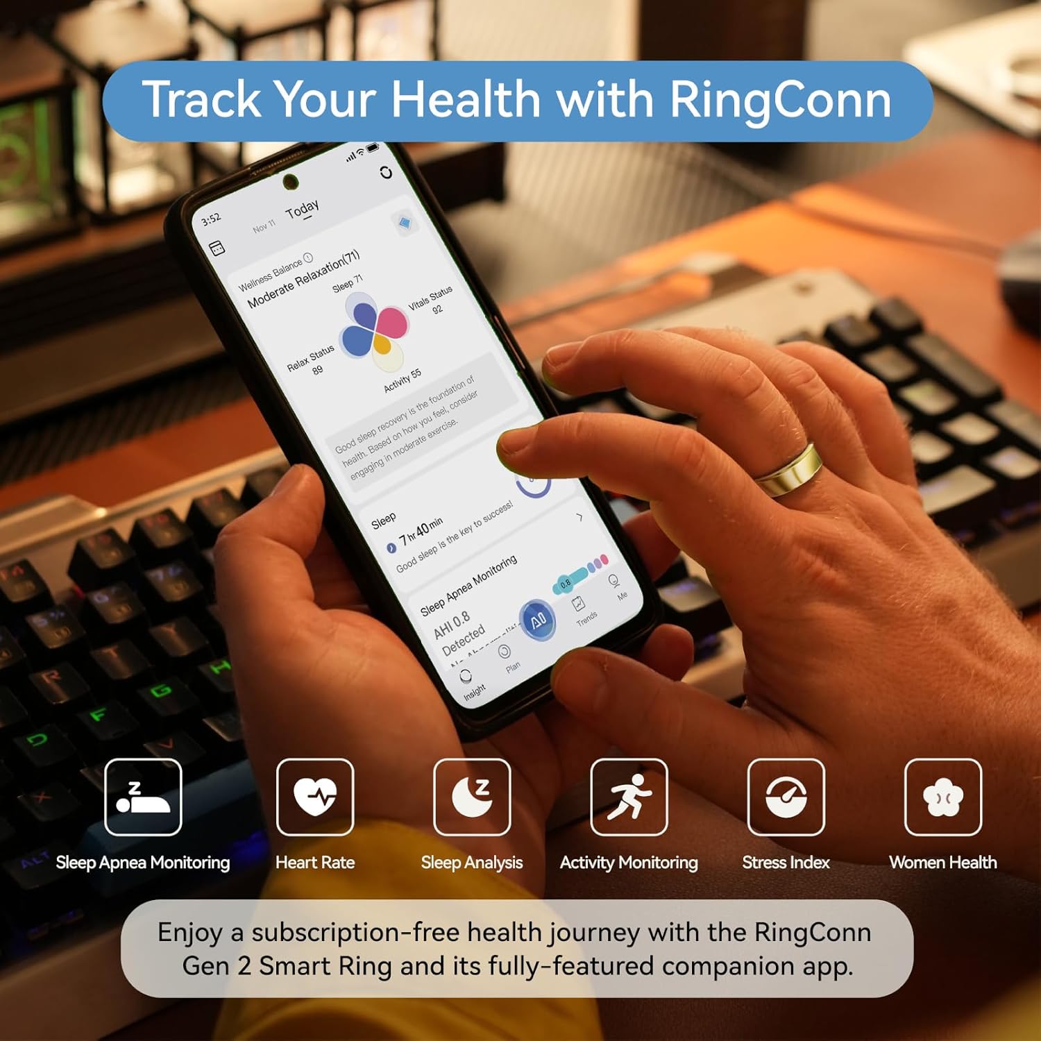 RingConn Gen 2, World’s First Smart Ring with Sleep Apnea Monitoring, No APP Subscription, 12-Day Battery Life, Stress/Heart Rate/Women's Health Tracker, Android & iOS Compatible (Gold, Size 6) image 4