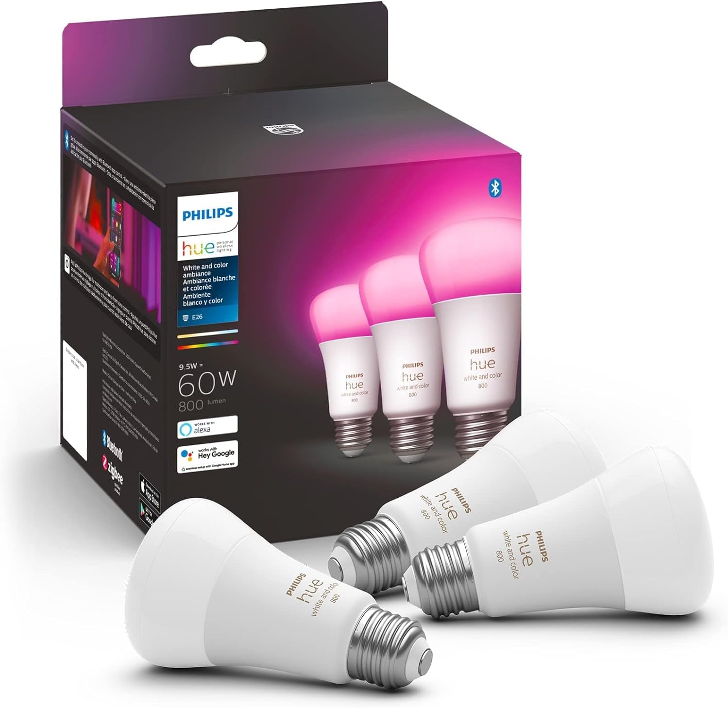 Philips Hue A19 LED Smart Light Bulb - White and Color Ambiance - 60W Indoor Light Bulb - Control with Hue App - Works with Alexa, Google Assistant and Apple Homekit - 3 Pack image 1