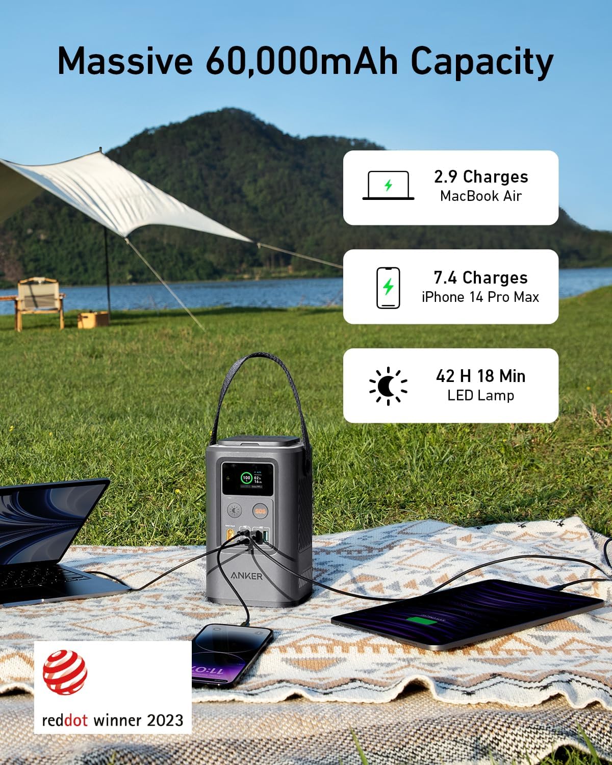 Anker Power Bank Power Station 60,000mAh,Portable Outdoor Generator 87W with Smart Digital Display, Retractable Auto Lighting and SOS Mode, Home Backup(PowerCore Reserve 192Wh) for Travel, Camping image 2