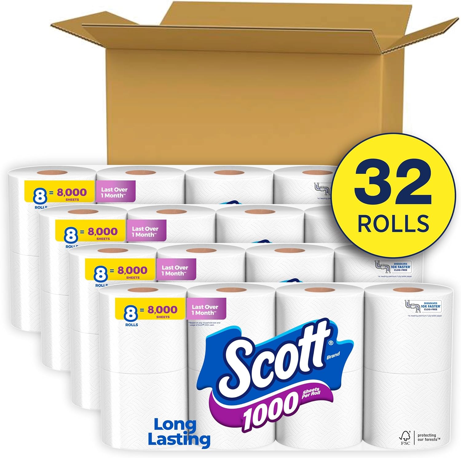 Scott 1000 Toilet Paper, 32 Rolls, Septic-Safe, 1-Ply Toilet Tissue image 2