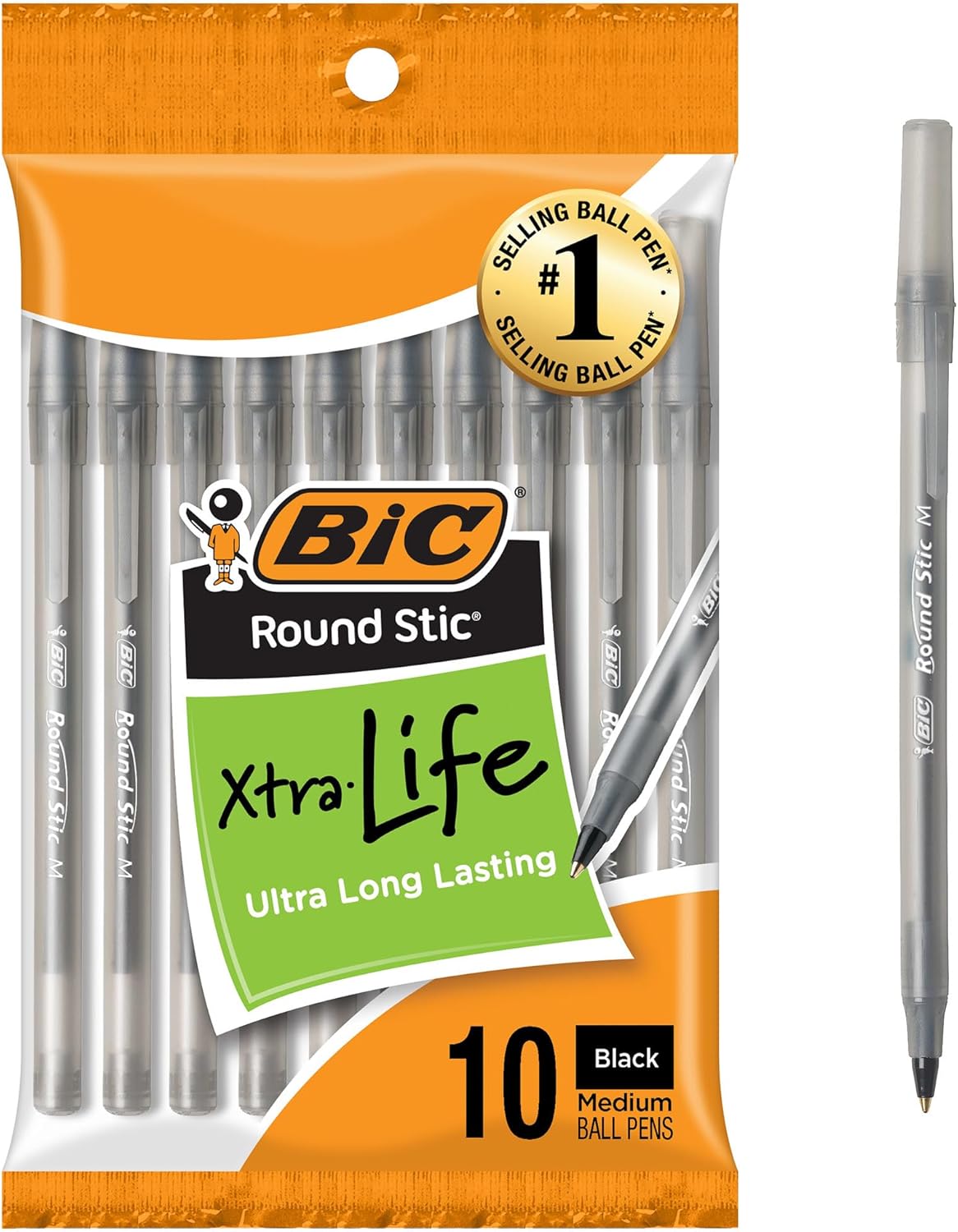 BIC Round Stic Xtra Life Black Ballpoint Pens, Medium Point (1.0mm), 10-Count Pack of Bulk Pens, Flexible Round Barrel for Writing Comfort, No. 1 Selling Ballpoint Pens image 1