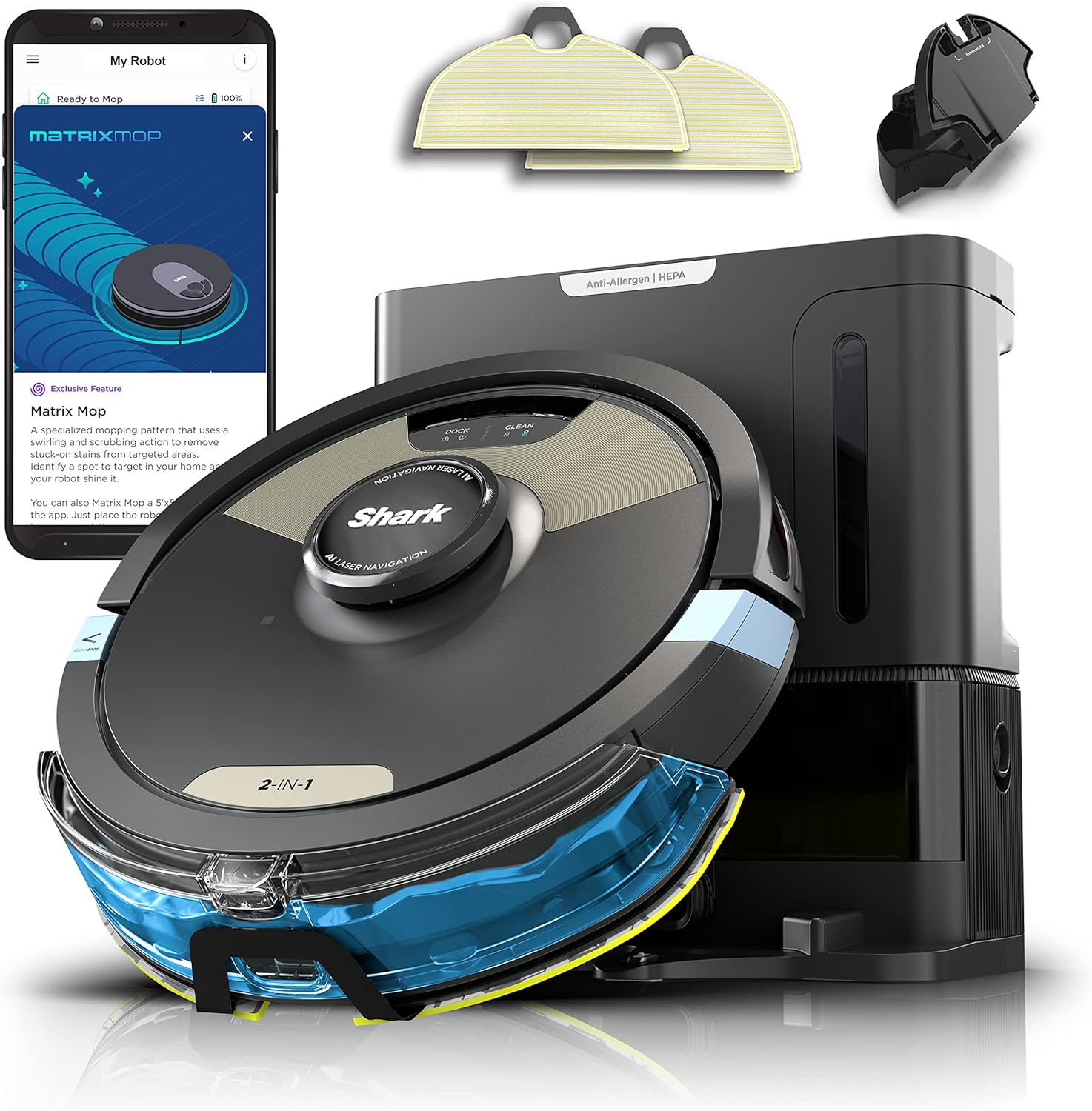 Shark Robot Vacuum & Mop Combo, Powerful Suction, Matrix Plus, 60-Day Debris Capacity, HEPA Bagless Self Empty Base, Sonic Mopping, Home Mapping for Pet Hair - Carpets & Hardfloor, AV2610WA image 1