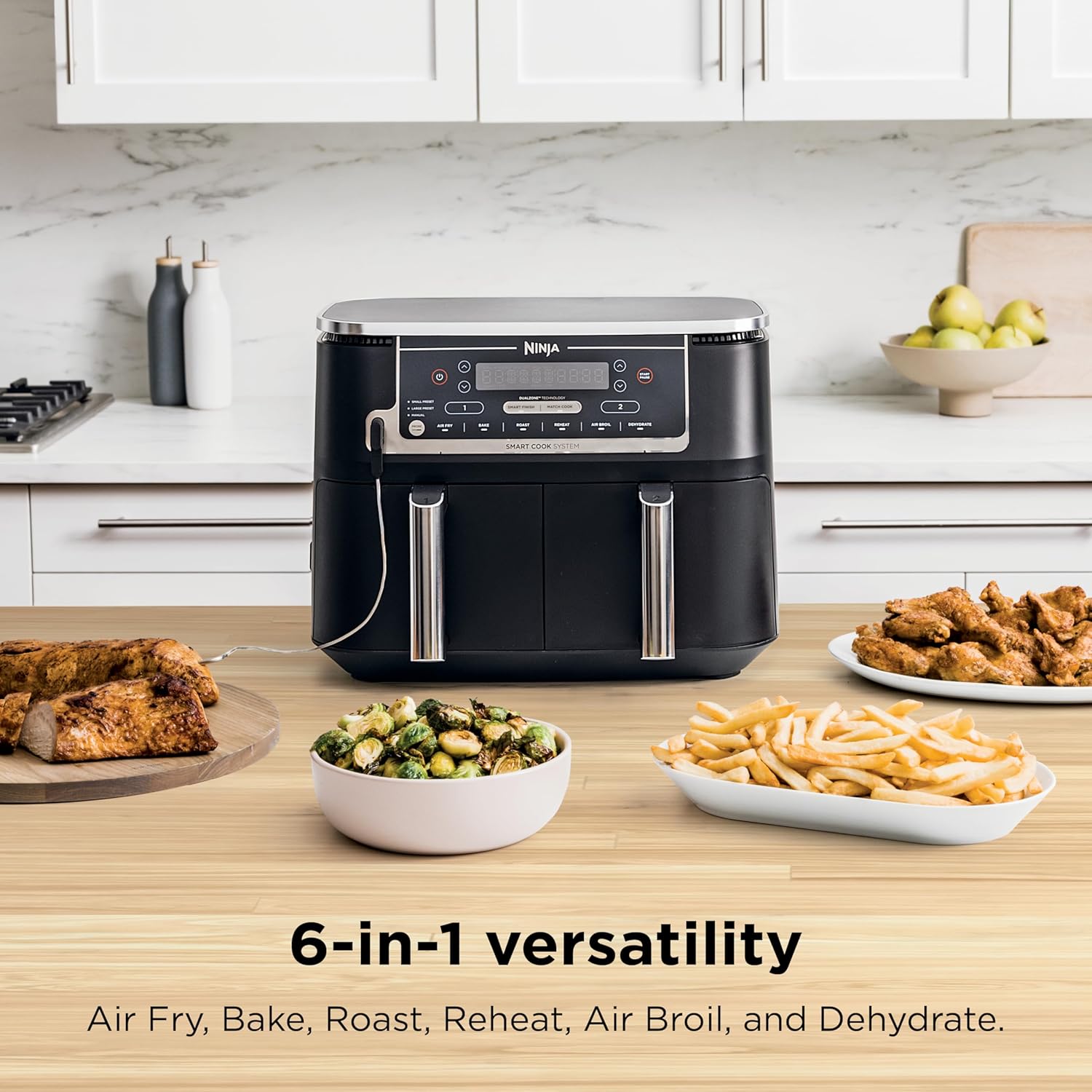 Ninja Foodi 10QT 6-in-1 DualZone Smart XL Air Fryer, 2 Independent 5QT Baskets, Smart Cook Thermometer, Match Cook, Smart Finish, Air Fry, Roast, Bake, Dehydrate, Reheat, Grey, DZ550 image 3