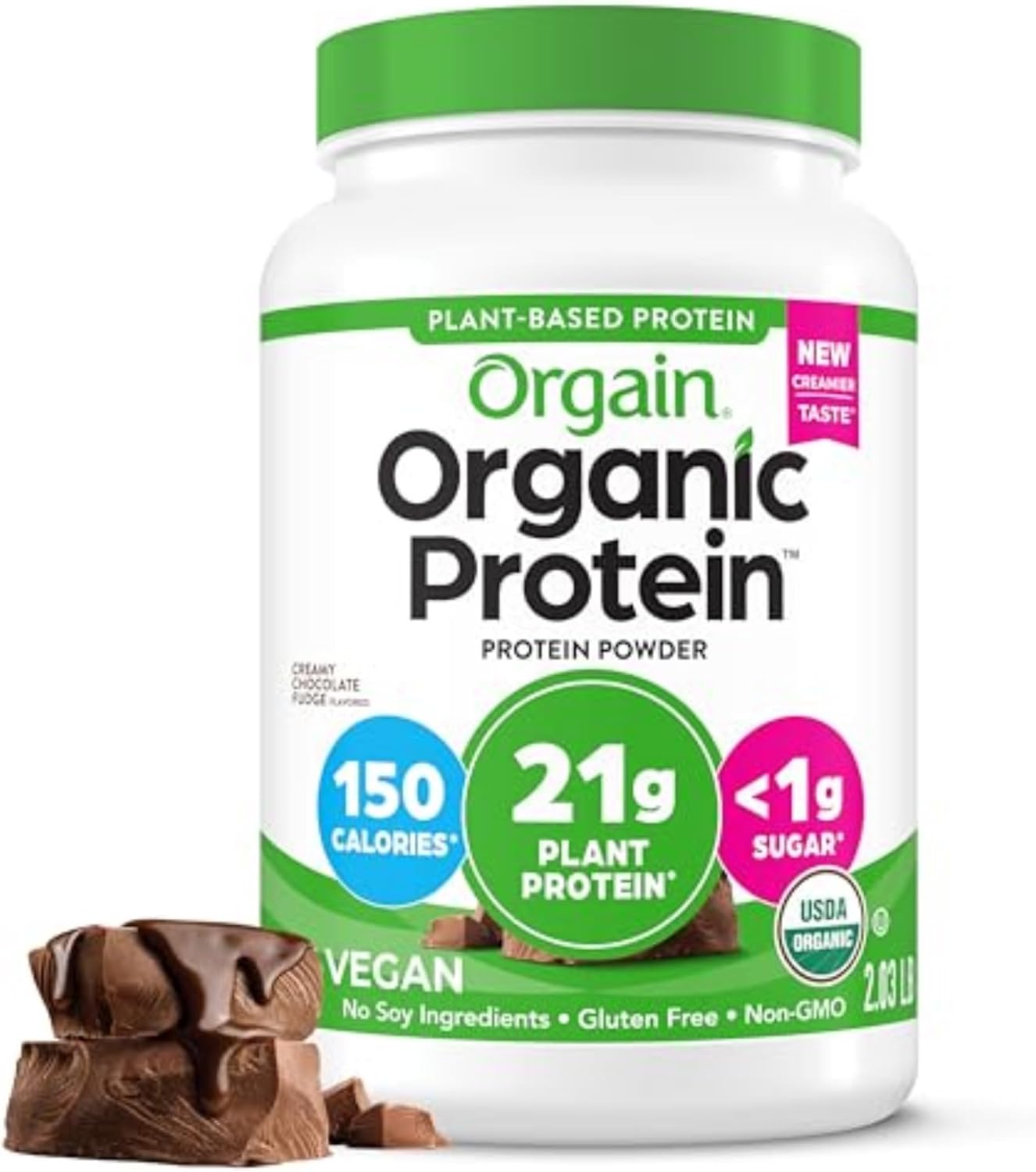 Orgain Organic Vegan Protein Powder, Creamy Chocolate Fudge - 21g Plant Protein, 6g Prebiotic Fiber, Low Net Carb, No Lactose Ingredients, No Added Sugar, Non-GMO, For Shakes & Smoothies, 2.03 lb image 1