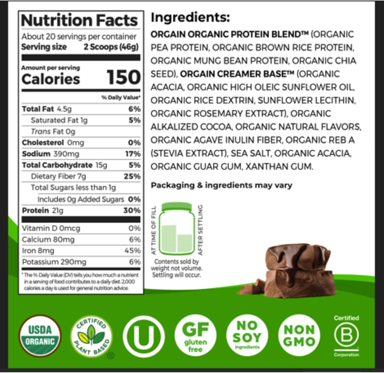 Orgain Organic Vegan Protein Powder, Creamy Chocolate Fudge - 21g Plant Protein, 6g Prebiotic Fiber, Low Net Carb, No Lactose Ingredients, No Added Sugar, Non-GMO, For Shakes & Smoothies, 2.03 lb image 2