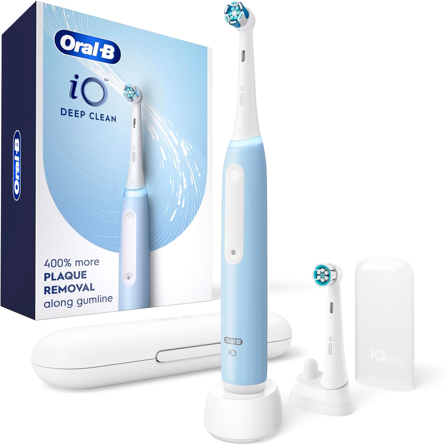 Oral-B iO Deep Clean Rechargeable Electric Powered Toothbrush, Icy Blue with iO Series 3 Limited, 2 Brush Heads and Travel Case - Pressure Sensor to Protect Gums - 3 Cleaning Settings - 2 Minute Timer image 1