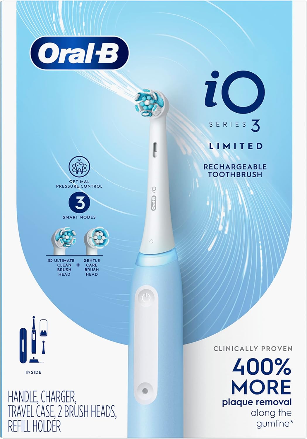 Oral-B iO Deep Clean Rechargeable Electric Powered Toothbrush, Icy Blue with iO Series 3 Limited, 2 Brush Heads and Travel Case - Pressure Sensor to Protect Gums - 3 Cleaning Settings - 2 Minute Timer image 10