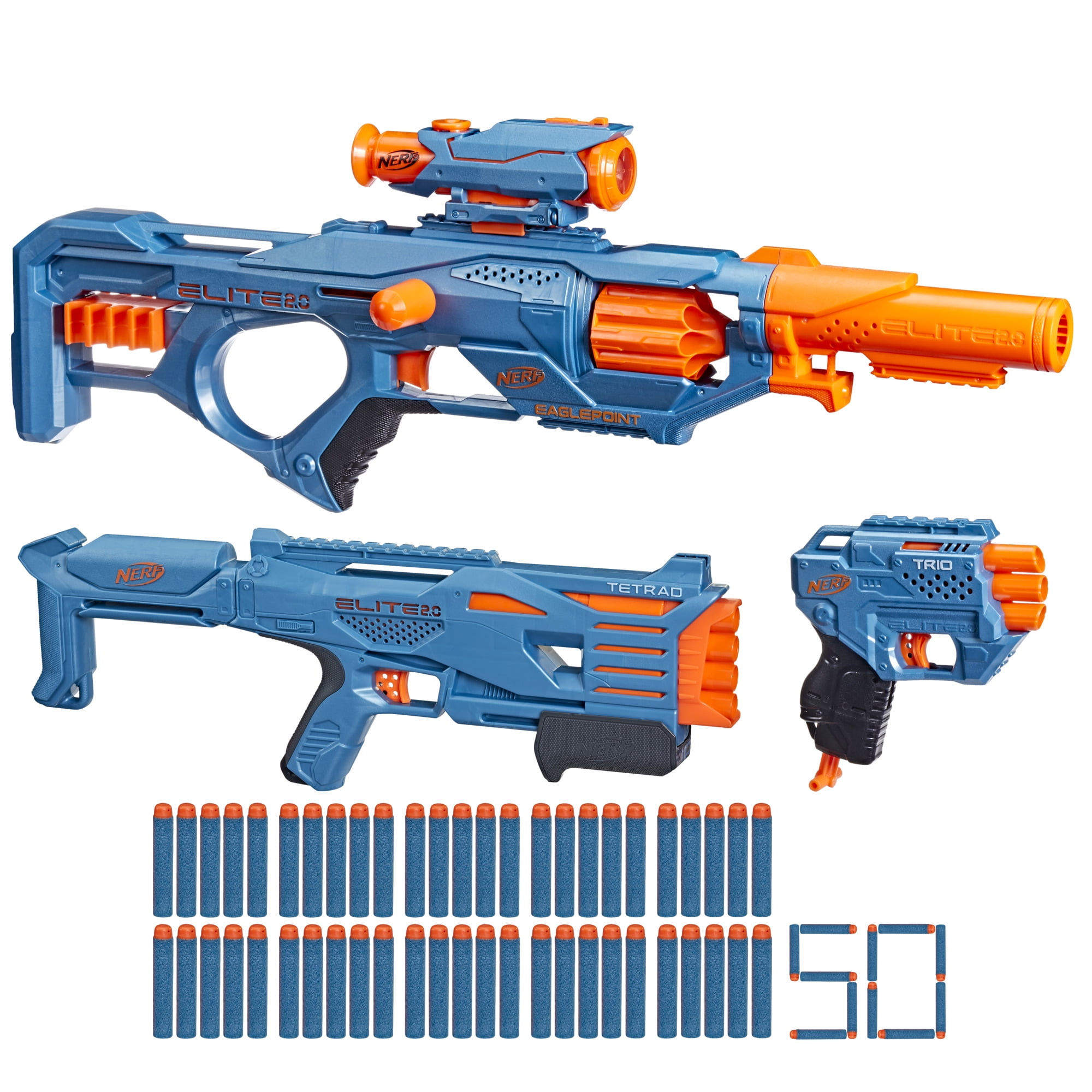 Nerf Elite 2.0 Ultimate Blaster Pack, 3 Blasters, 50 Nerf Elite Darts, Detachable Scope and Barrel image 1