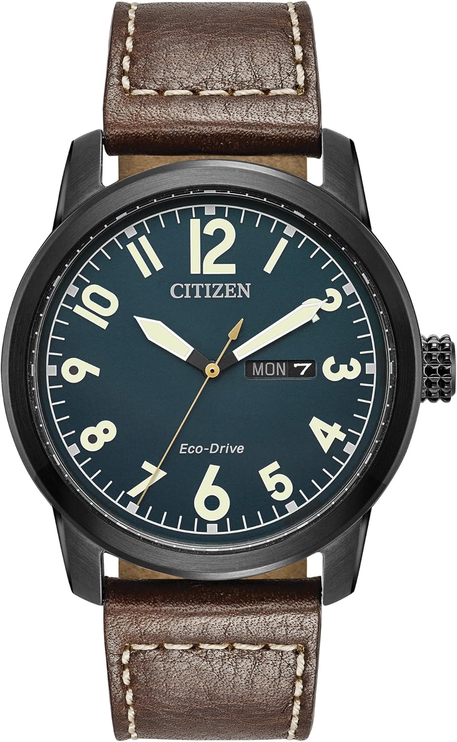 Citizen Men's Eco-Drive Weekender Garrison Field Watch in Black IP Stainless Steel with Brown Leather strap, Navy Dial (Model: BM8478-01L) image 1
