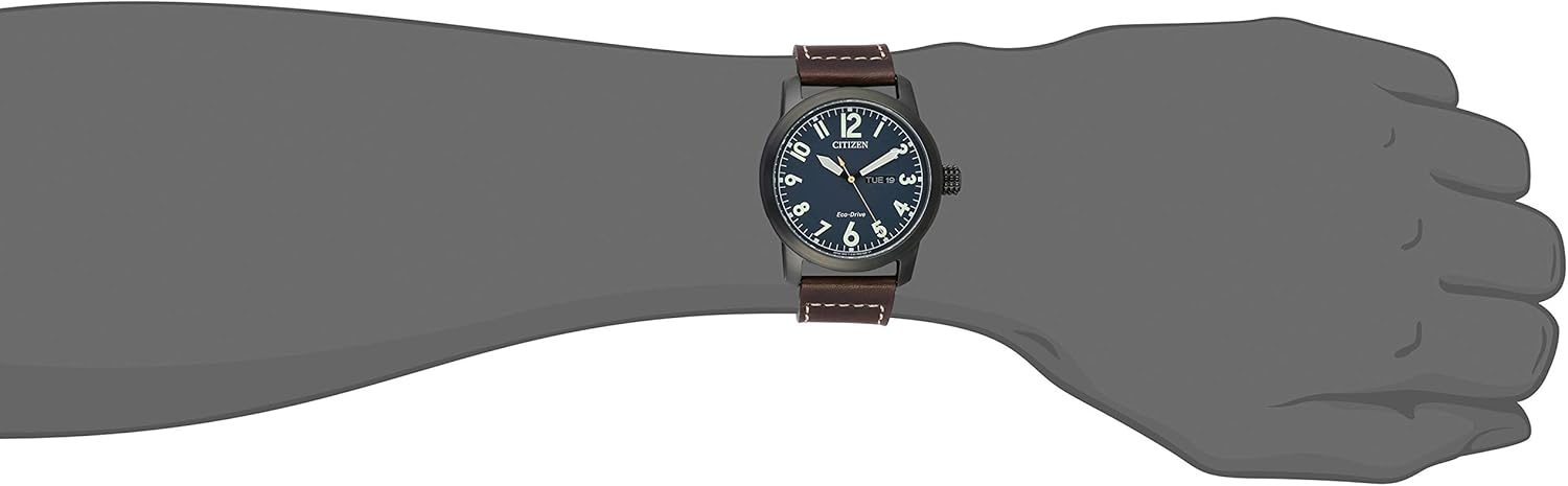 Citizen Men's Eco-Drive Weekender Garrison Field Watch in Black IP Stainless Steel with Brown Leather strap, Navy Dial (Model: BM8478-01L) image 4