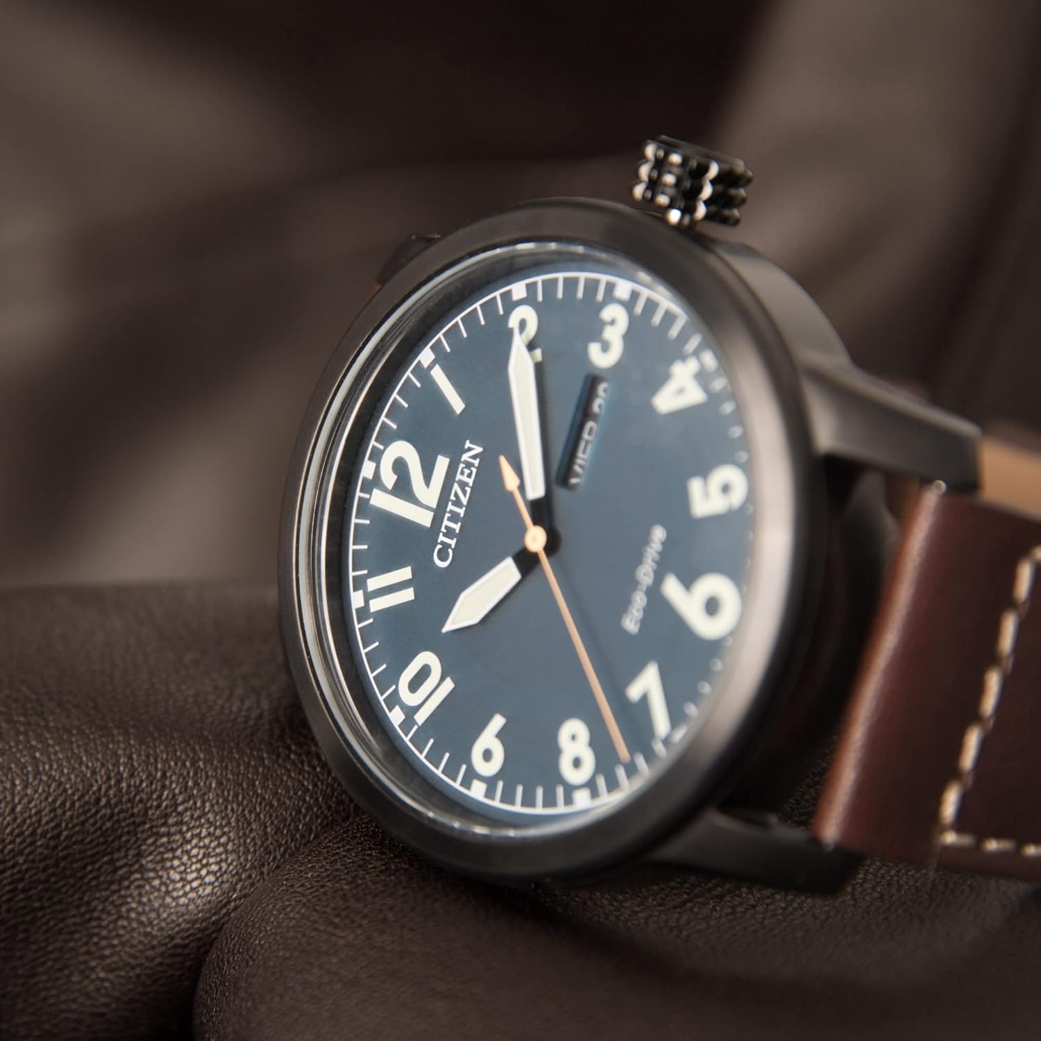 Citizen Men's Eco-Drive Weekender Garrison Field Watch in Black IP Stainless Steel with Brown Leather strap, Navy Dial (Model: BM8478-01L) image 9
