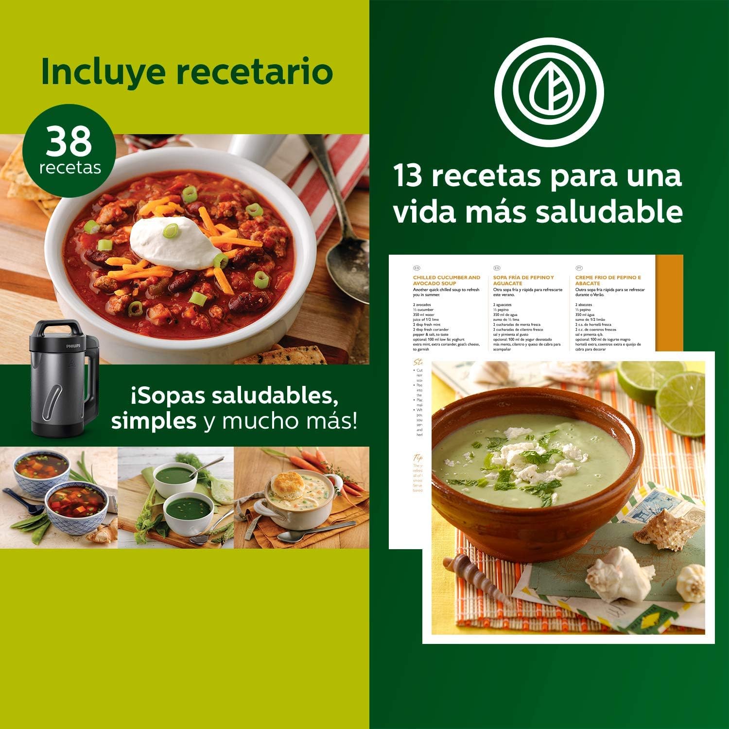 Philips Viva Collection SoupMaker, 1.2 L, Makes 2-4 servings, 6 Pre-set Programs, SoupPro Technology, Soup in Less than 18 Minutes, Eeasy Clean, Recipe Book, Black and Stainless Steel (HR2204/70) image 8