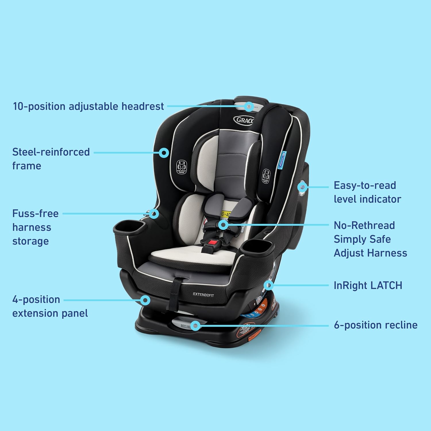 Graco Extend2Fit Convertible Baby Car Seat, Rear and Forward Facing, Adjustable Extension Panel for Extra Legroom, Gotham image 7