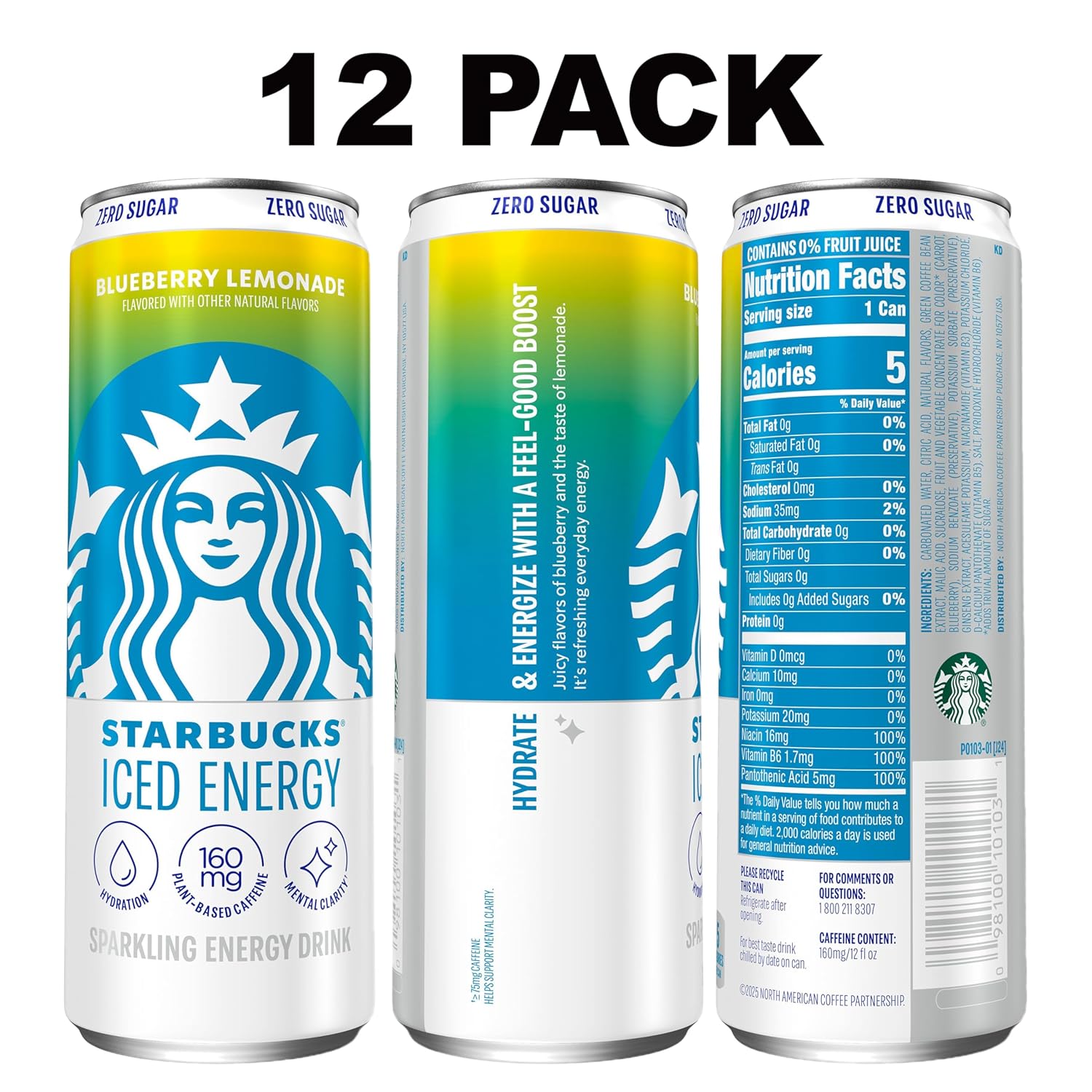 Starbucks Iced Energy Drink, Blueberry Lemonade, Zero Sugar Energy Drink, Plant Based Caffeine, Hydration, Mental Clarity, 12 Fl Oz Cans (Pack of 12) image 3