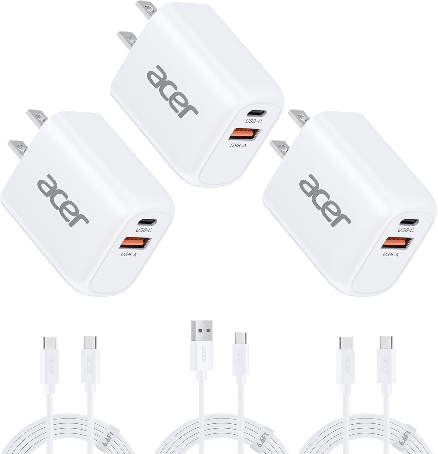 Acer USB C Charger Block, 3-Pack 20W Dual Port Type C Fast Charging, Wall Plug Adapter with 3-Pack 6.6FT Fast Power Cables Compatible with iPhone 16/15/ iPad Pro/ Air/ AirPods, iwatch, Galaxy image 1