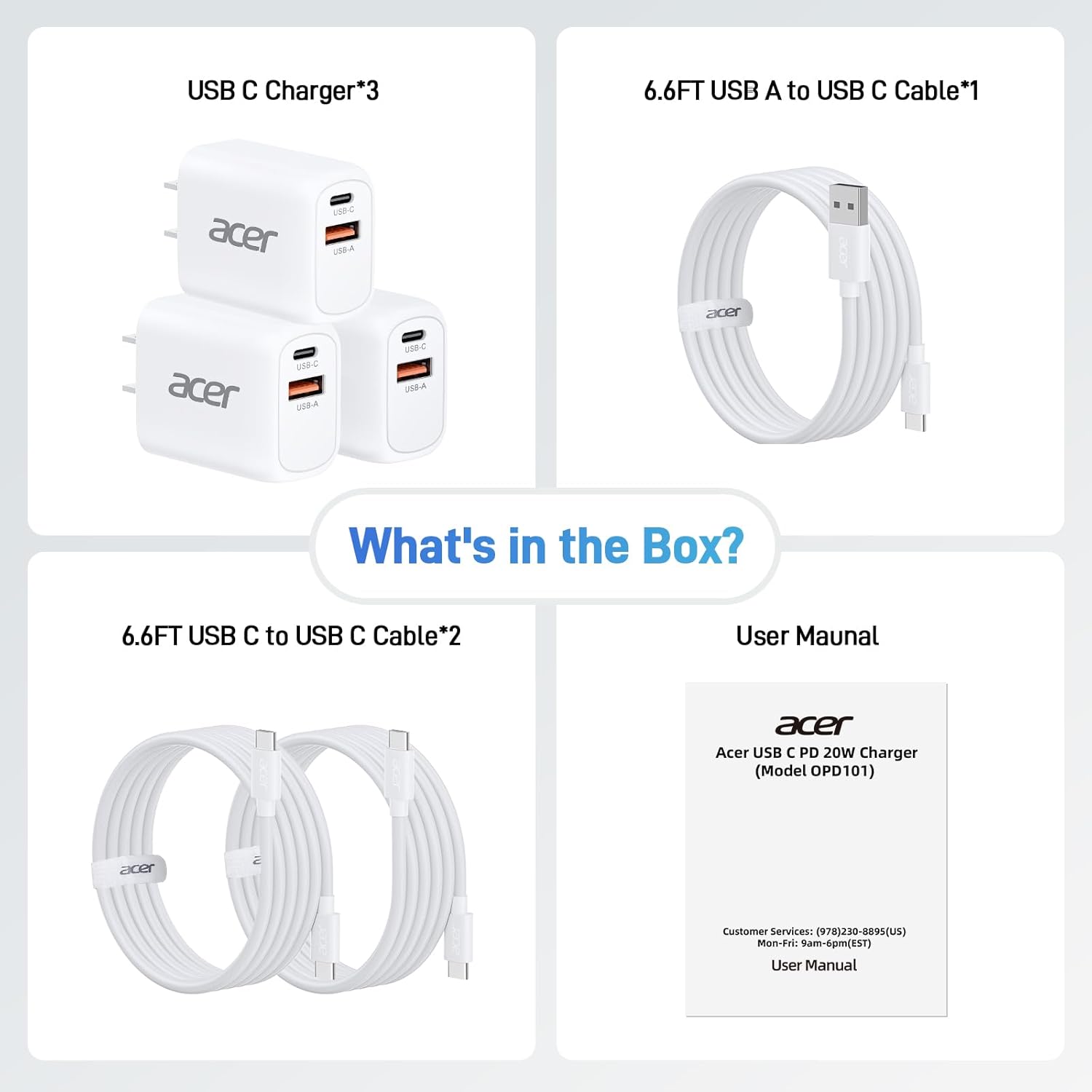 Acer USB C Charger Block, 3-Pack 20W Dual Port Type C Fast Charging, Wall Plug Adapter with 3-Pack 6.6FT Fast Power Cables Compatible with iPhone 16/15/ iPad Pro/ Air/ AirPods, iwatch, Galaxy image 9