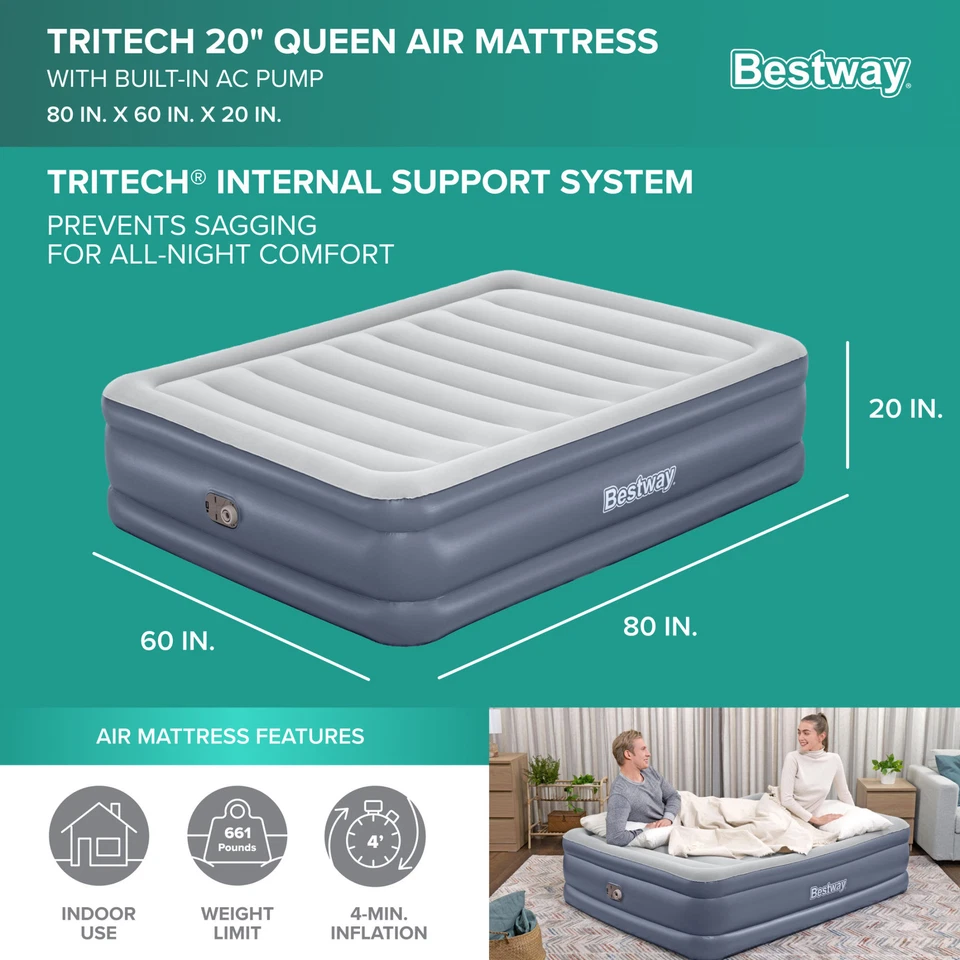 Bestway Tritech Airbed, Queen-Sized 20" Mattress with Built-In AC Pump and Bag image 2