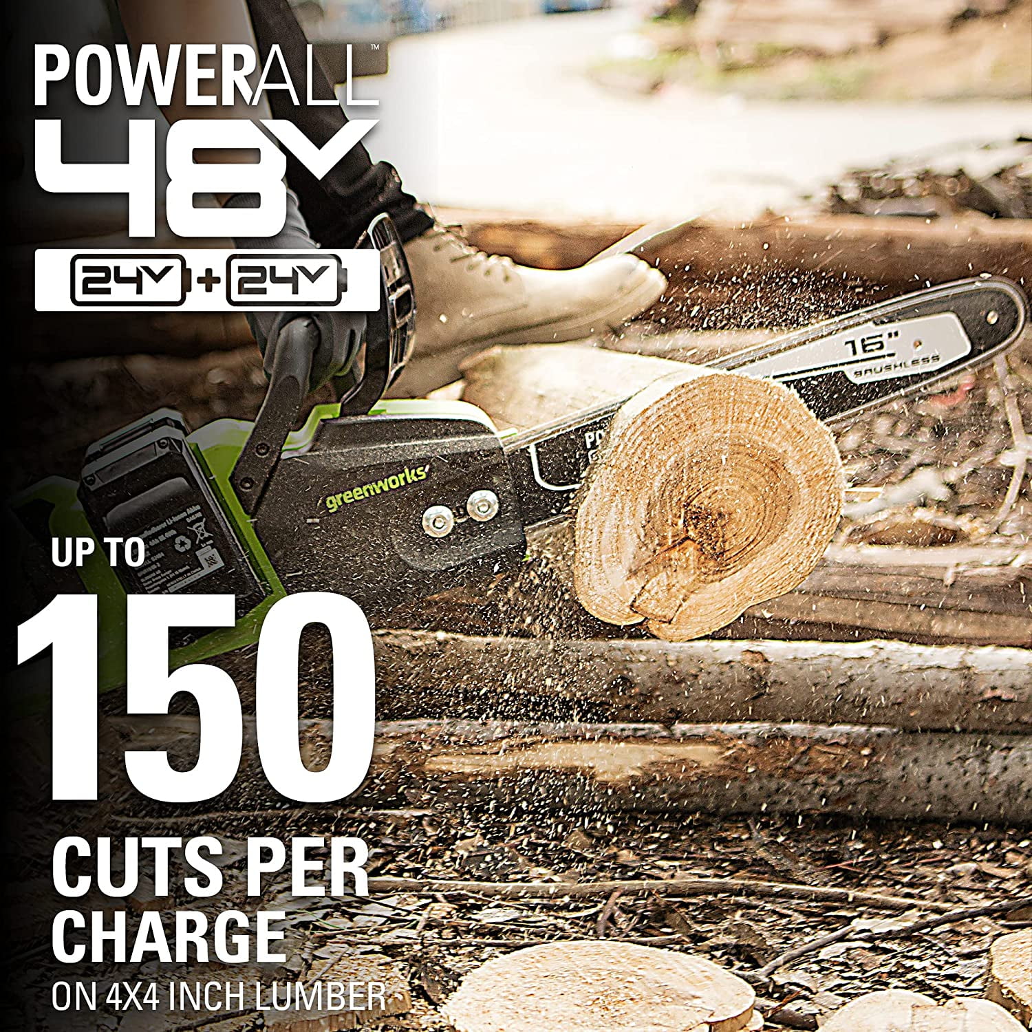 Greenworks 48V (2x24V) 16" Brushless Chainsaw + (2) 4Ah USB Batteries & Dual Port Charger 2018002 image 7