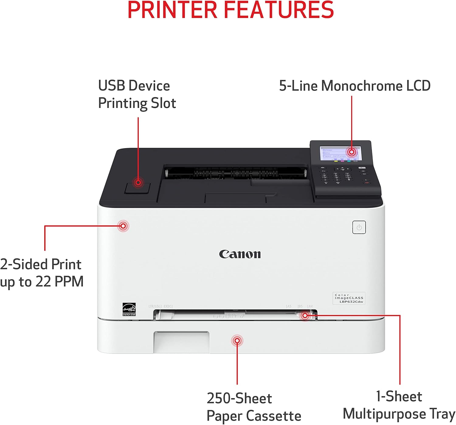 Canon Color imageCLASS LBP632Cdw - Wireless Duplex Laser Printer, Single Function, Home Office, Mobile Ready, 22 PPM Color, White image 3