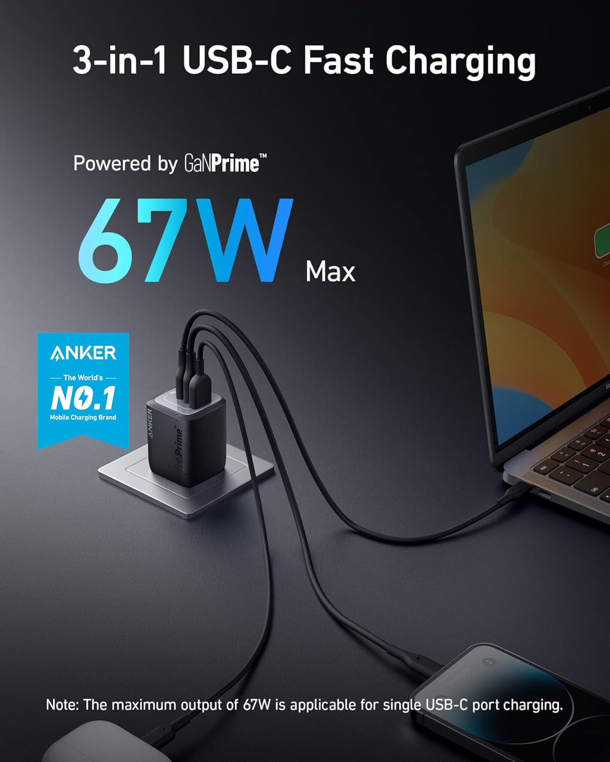 Anker Prime 67W USB C Charger, Anker GaN 3-Port Compact Fast PPS Wall Charger, for MacBook Pro/Air, Pixelbook, iPad Pro, iPhone 16/15/Pro, Galaxy S25/S24, Note20, Pixel, Apple Watch image 2