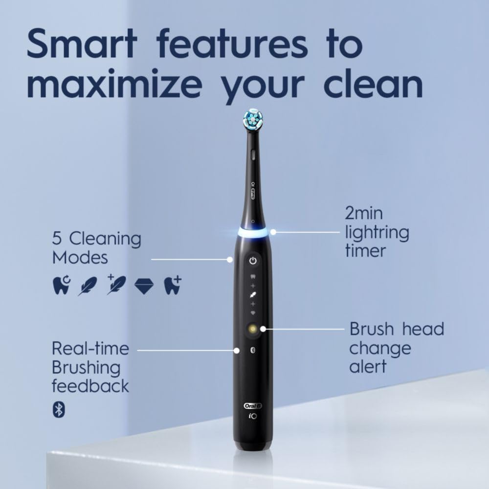Oral-B iO Deep Clean + Whiten Rechargeable Electric Toothbrush with Visible Pressure Sensor, 2 Minute Timer, 5 Cleaning Settings, 1 iO5 Limited, 3 Toothbrush Heads, Travel Case & Refill Holder, Black image 2