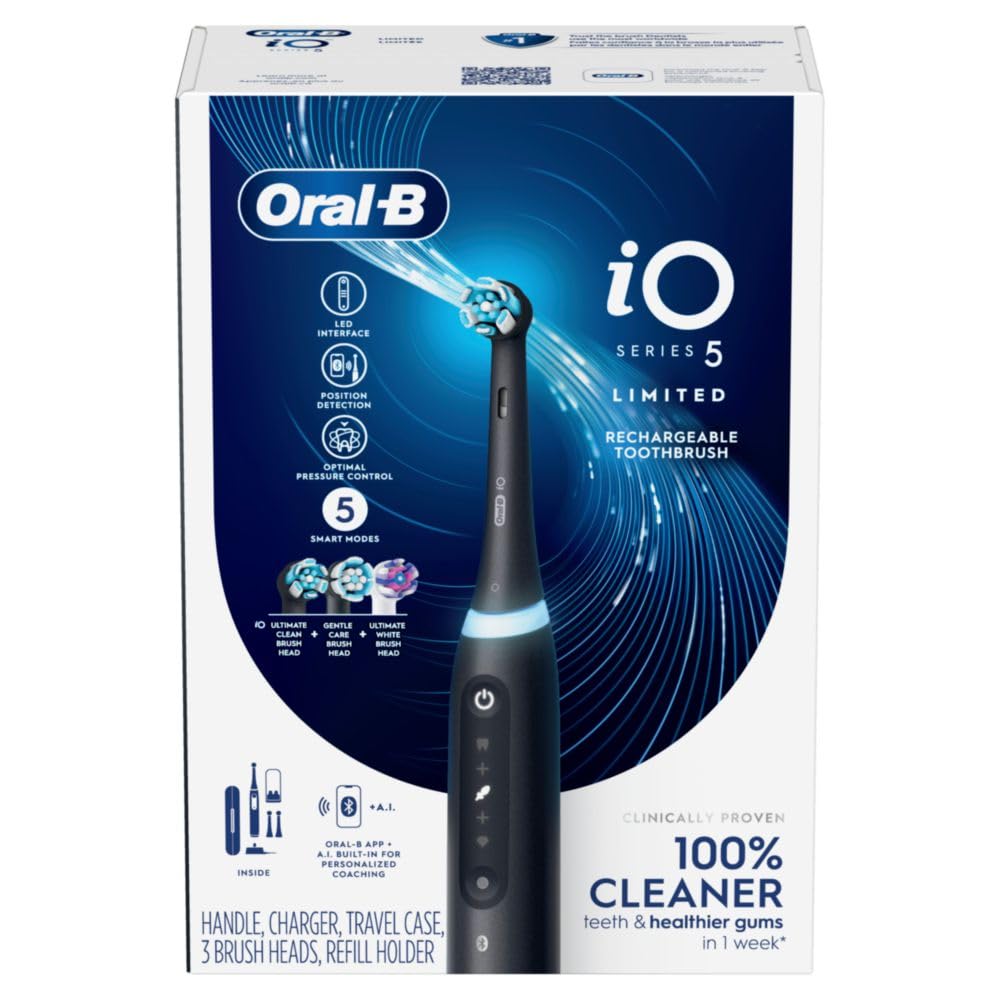 Oral-B iO Deep Clean + Whiten Rechargeable Electric Toothbrush with Visible Pressure Sensor, 2 Minute Timer, 5 Cleaning Settings, 1 iO5 Limited, 3 Toothbrush Heads, Travel Case & Refill Holder, Black image 9