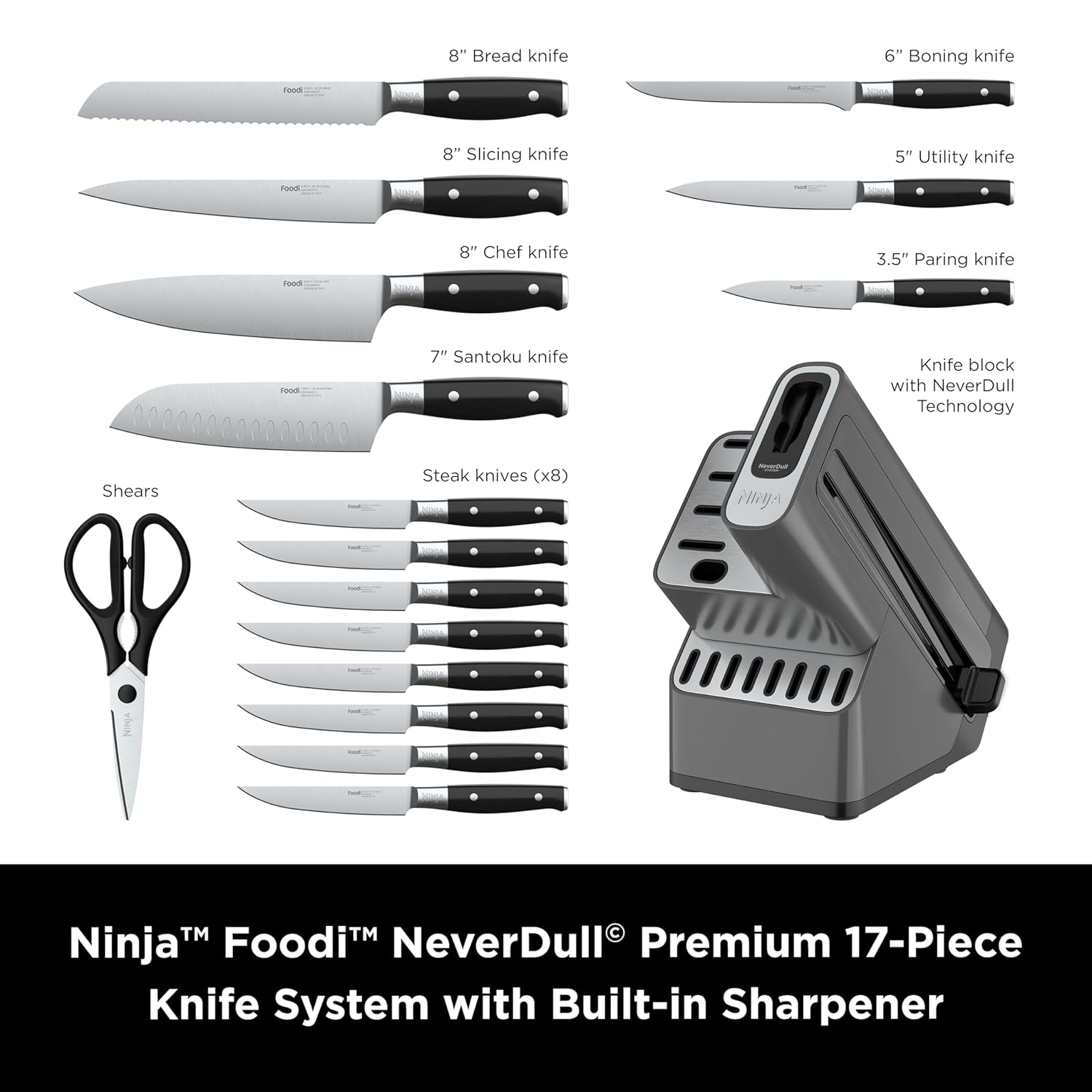 Ninja K32017 Foodi NeverDull Premium Knife System, 17 Piece Knife Block Set with Built-in Sharpener, German Stainless Steel Knives, Black image 2