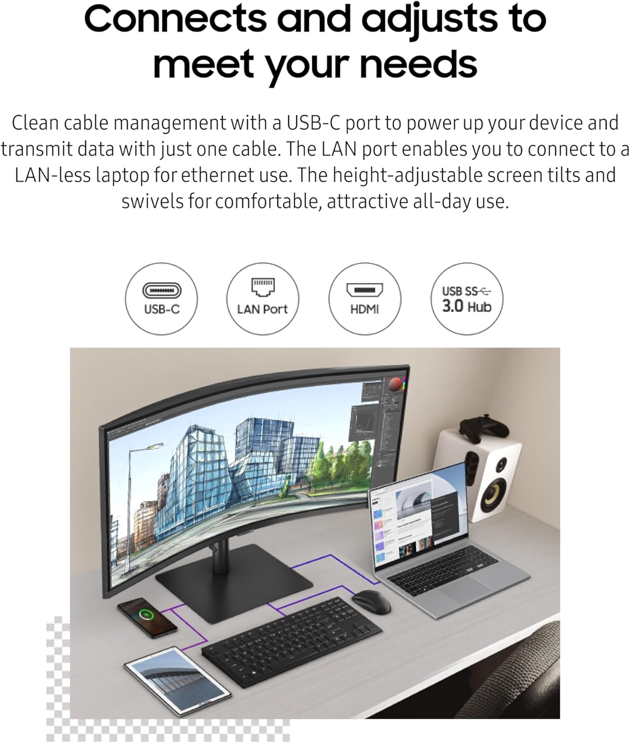 Samsung 34-Inch ViewFinity S65VC Series Ultra-WQHD Curved Computer Monitor, 100Hz, AMD FreeSync, HDR10, USB-C, Built-in Speaker, Camera, KVM Switch, Eye Care, Eco-Packaging, LS34C650VANXGO, Black image 7