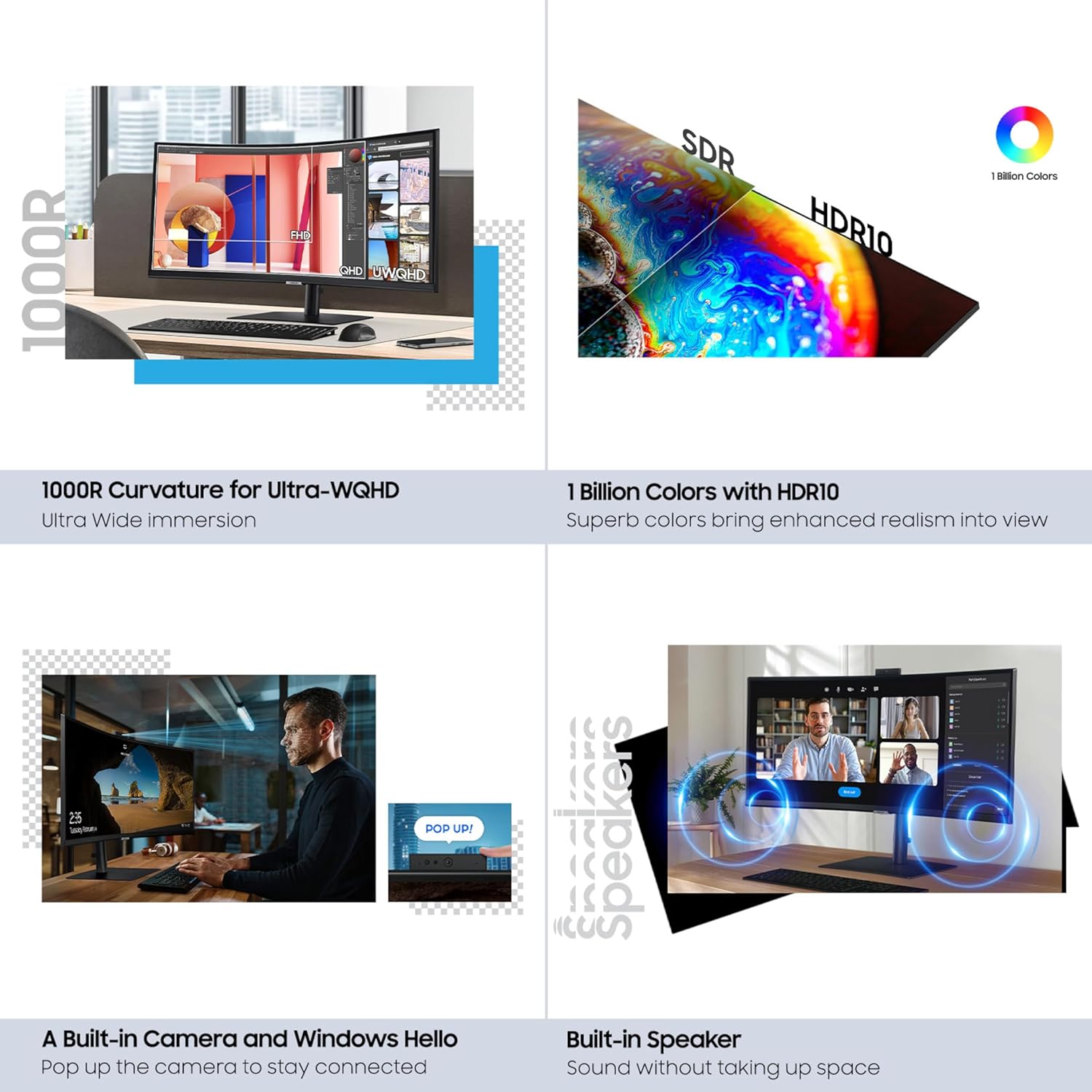 Samsung 34-Inch ViewFinity S65VC Series Ultra-WQHD Curved Computer Monitor, 100Hz, AMD FreeSync, HDR10, USB-C, Built-in Speaker, Camera, KVM Switch, Eye Care, Eco-Packaging, LS34C650VANXGO, Black image 8
